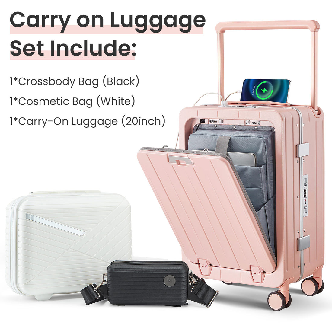 Aluminum Frame 20 Inch With Front Open Carry On Luggage, Pc Hard Shell Suitcase, Bounce Wide Handle Pull Rod Luggage With 360 Double Wheels, Built In Tsa Lock, Airline Approved Suitcase For Business Pink Pc