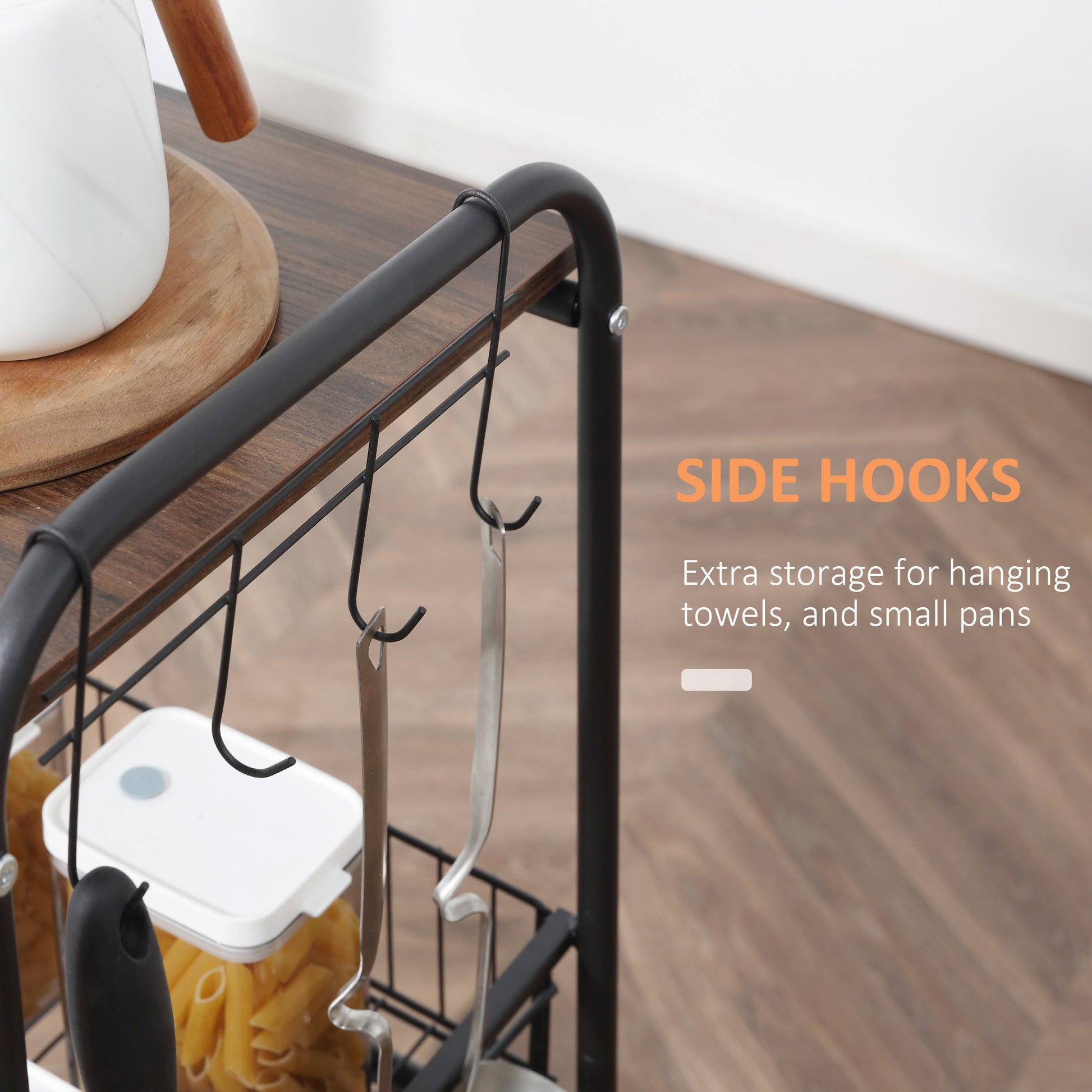 Homcom 3 Tier Rolling Kitchen Cart With Storage, Kitchen Island Cart On Wheels With 2 Sliding Fruit Basket, Microwave Cart With Side Hooks For Dining Room, Walnut Walnut Mdf Metal