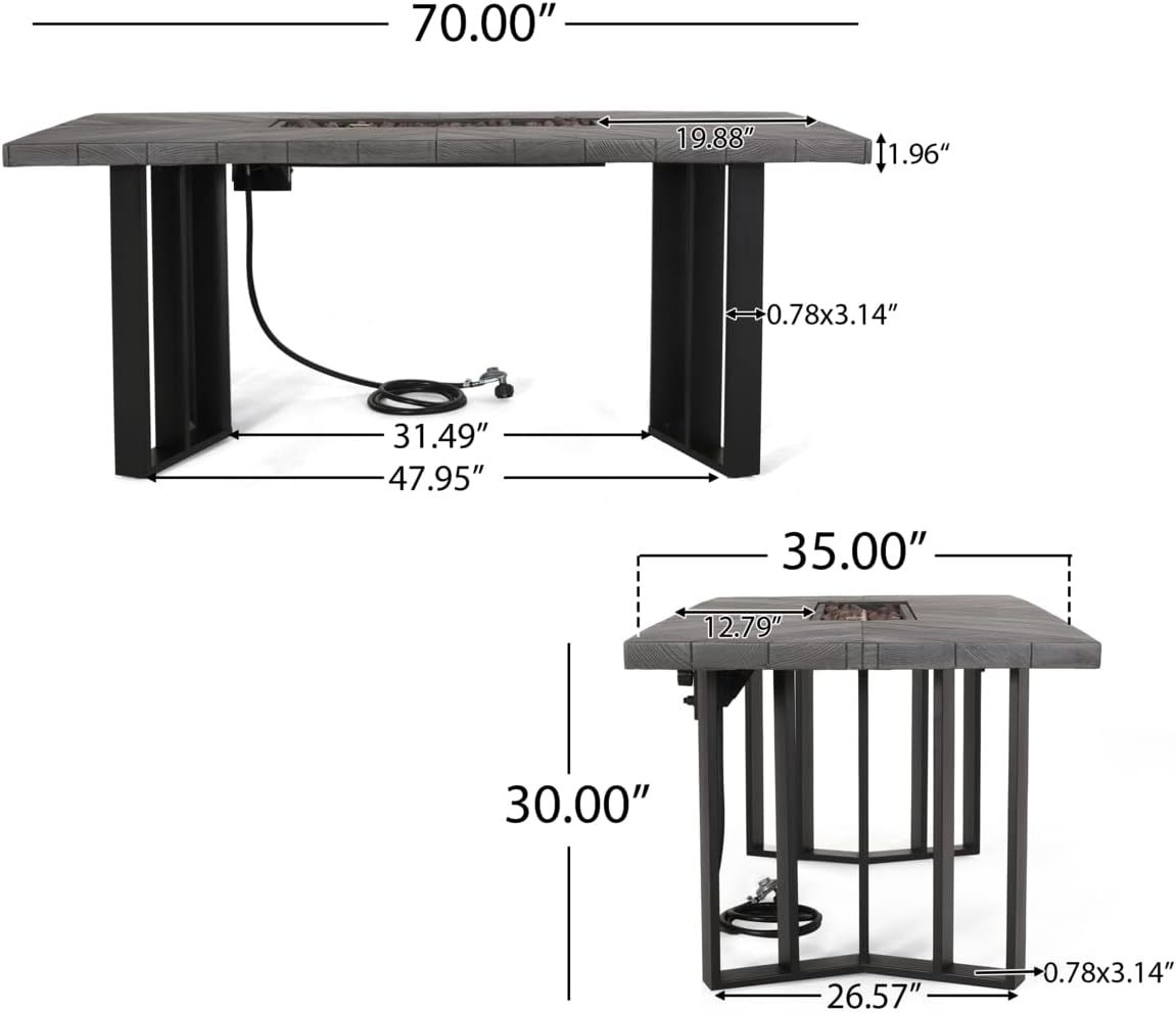 Outdoor Patio Propane Fire Pit Concrete Wood Pattern Fire Table 40, 000 Btu, 30'' H X 70'' W, Grey Grey Magnesium Oxide