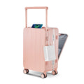 Aluminum Frame 20 Inch With Front Open Carry On Luggage, Pc Hard Shell Suitcase, Bounce Wide Handle Pull Rod Luggage With 360 Double Wheels, Built In Tsa Lock, Airline Approved Suitcase For Business Pink Pc