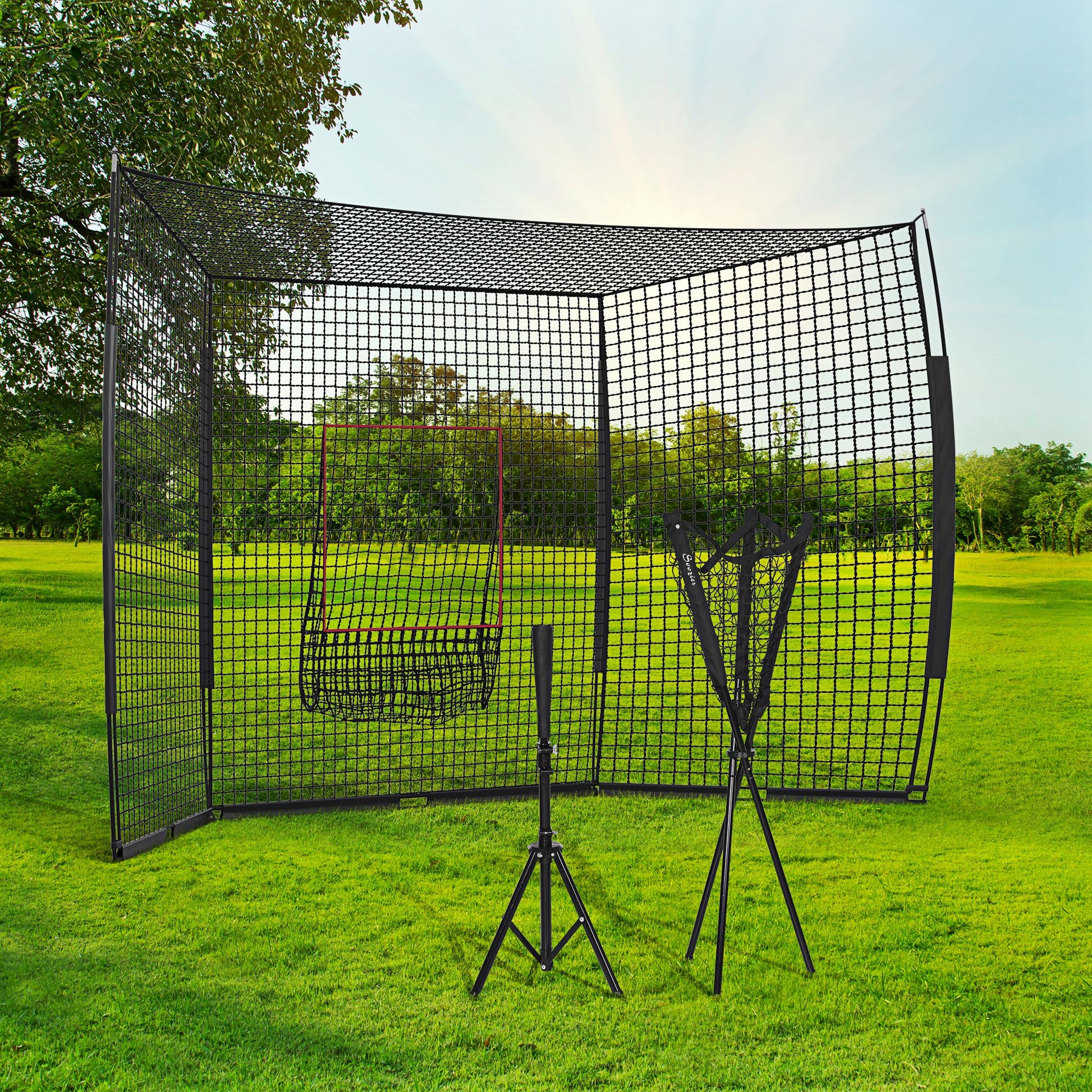 Soozier 17' X 5.5' Baseball Net With Strike Zone, Tee, Caddy, And Carry Bag For Pitching And Hitting, Portable Extra Large Softball And Baseball Training Equipment Black Steel