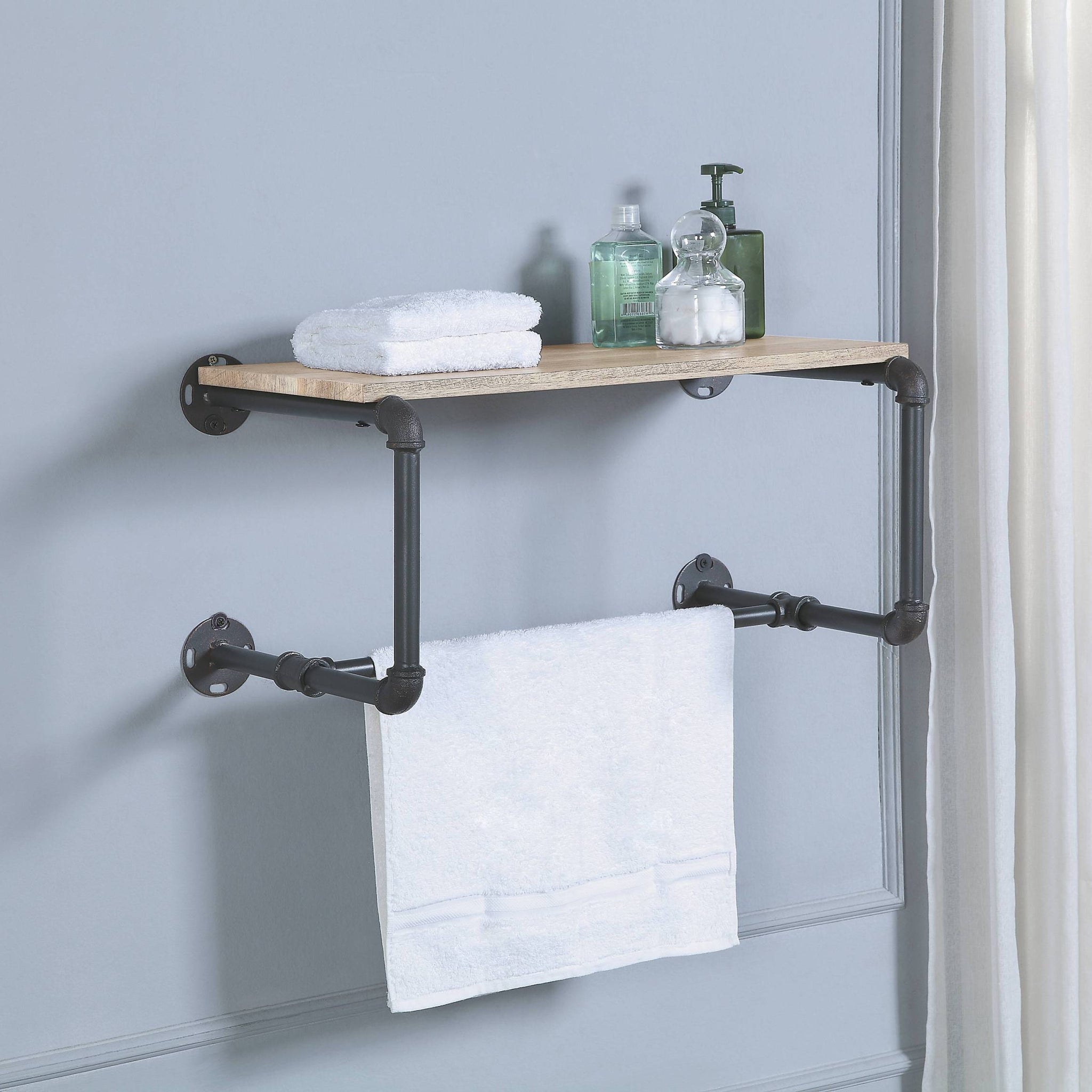 Mankato Oak And Sandy Grey Wall Rack With Shelf 2 Or Less Oak Floating Horizontal Bathroom Open Back Industrial Wall Mounted Wood Metal