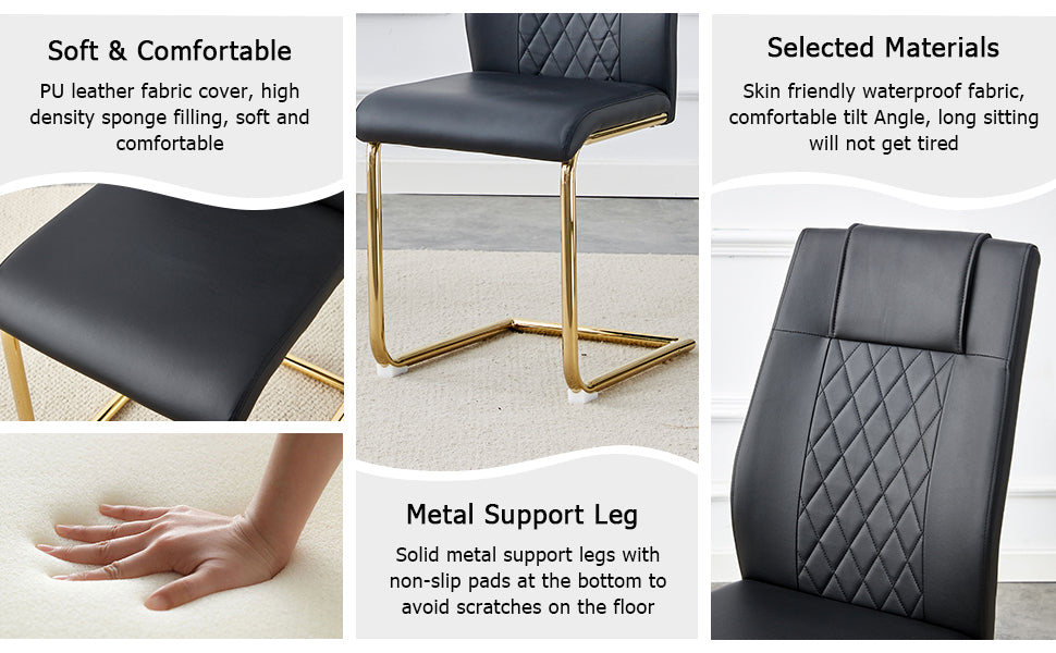 Table And Chair Set.The Table Has A Glass Tabletop With Imitation Marble Pattern Stickers And Stainless Steel Golden Table Legs. Paried With Comfortable Chairs With Pu Seats And Metal Legs. White Gold Seats 6 Glass Metal