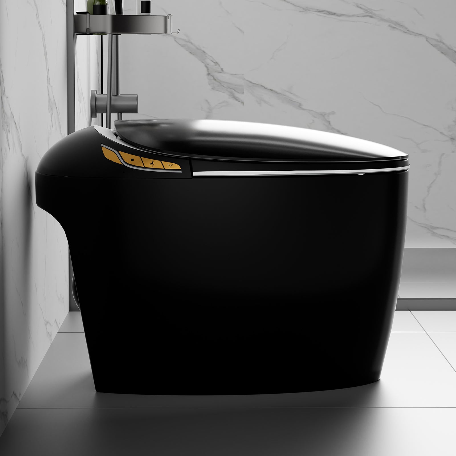 Unique Smart Toilet With Bidet Built In, Intelligent One Piece Toilet For Modern Bathroom, Auto Open Close Seat, Foot Sensor, Led Display,Night Light, Warm Water & Dryer, Black Black Bathroom