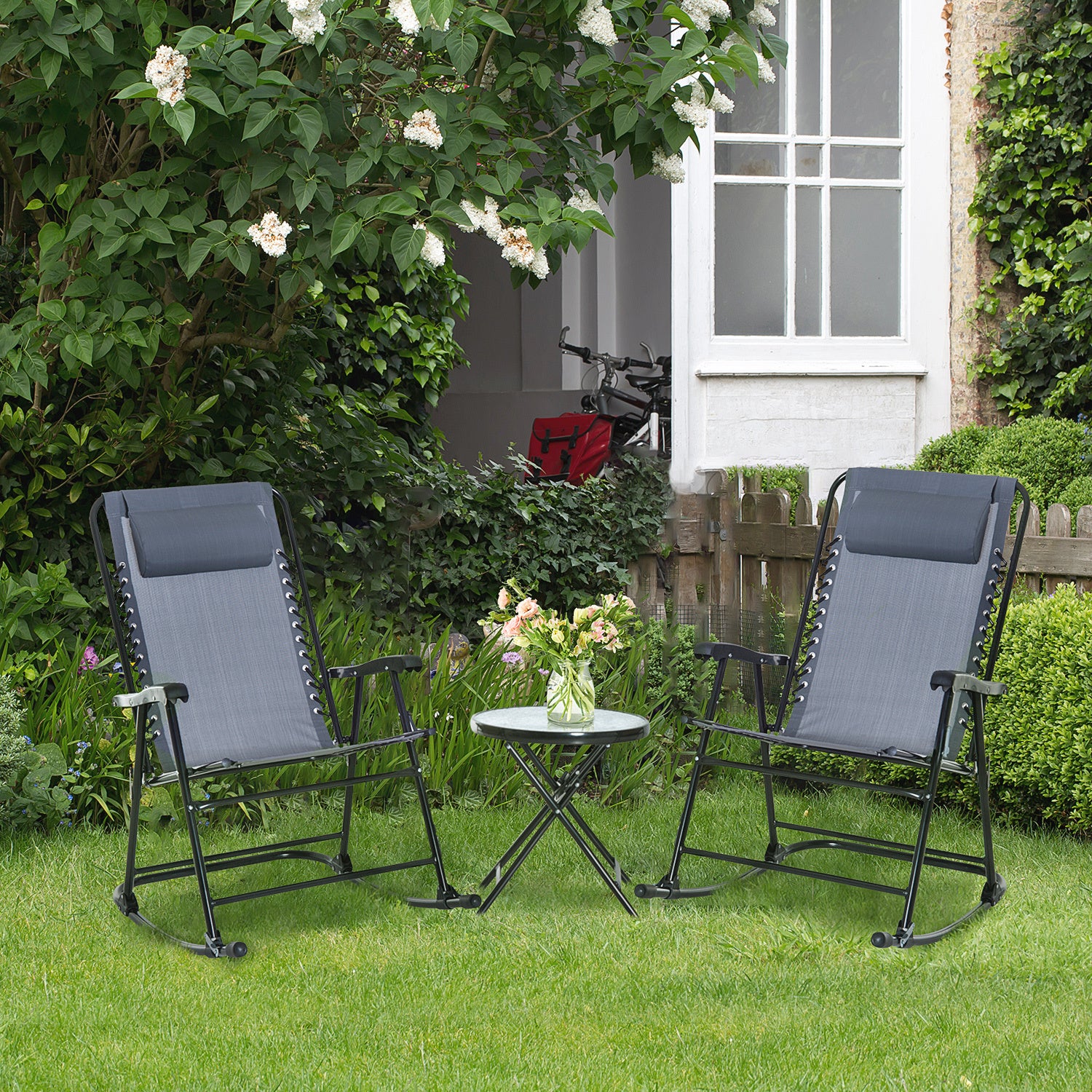 Outsunny 3 Piece Outdoor Rocking Bistro Set, Patio Folding Chair Table Set With Glass Coffee Table For Yard, Patio, Deck, Backyard, Grey Grey Fabric
