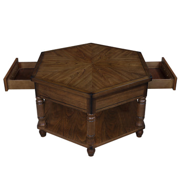 2 Tier Retro Hexagon Living Room Solid Wood Coffee Table With Shelf & Drawer, 36'' Mid Century Center Coffee Table For Living Room, Office. Cherry Cherry Pine