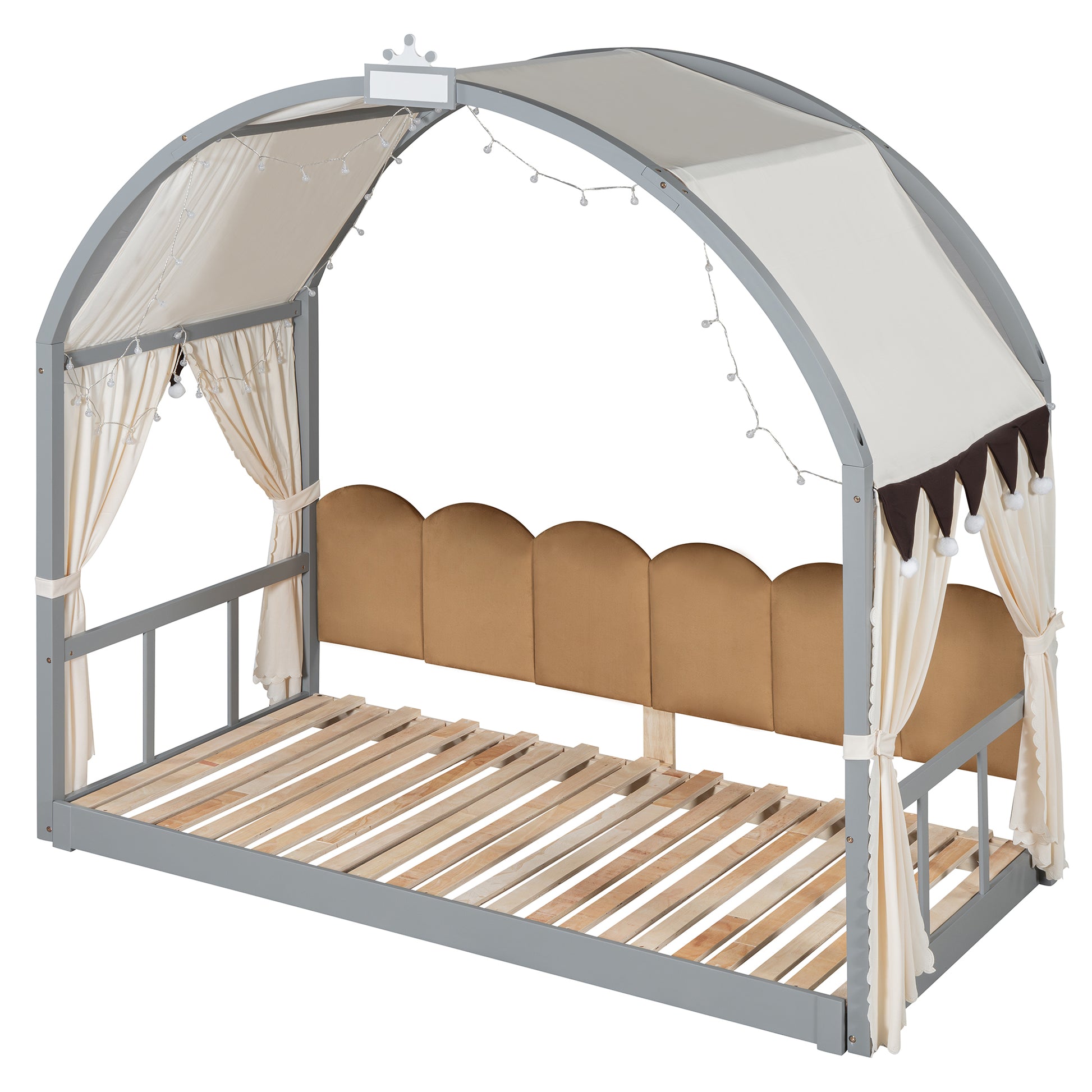 Twin Size Extended Bed With Arched Roof And Trundle, Gray Twin Gray Plywood