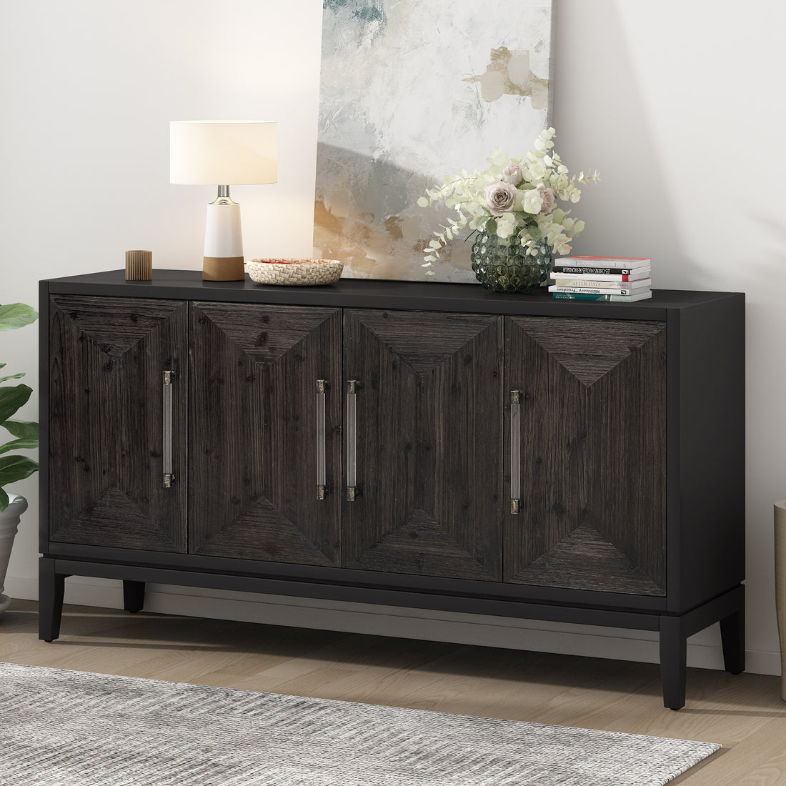 Versatile Four Door Sideboard With Brushed Doors And Fir Veneer,Featuring Elegant Handles,Perfect For Various Spaces. Black American Design Mdf