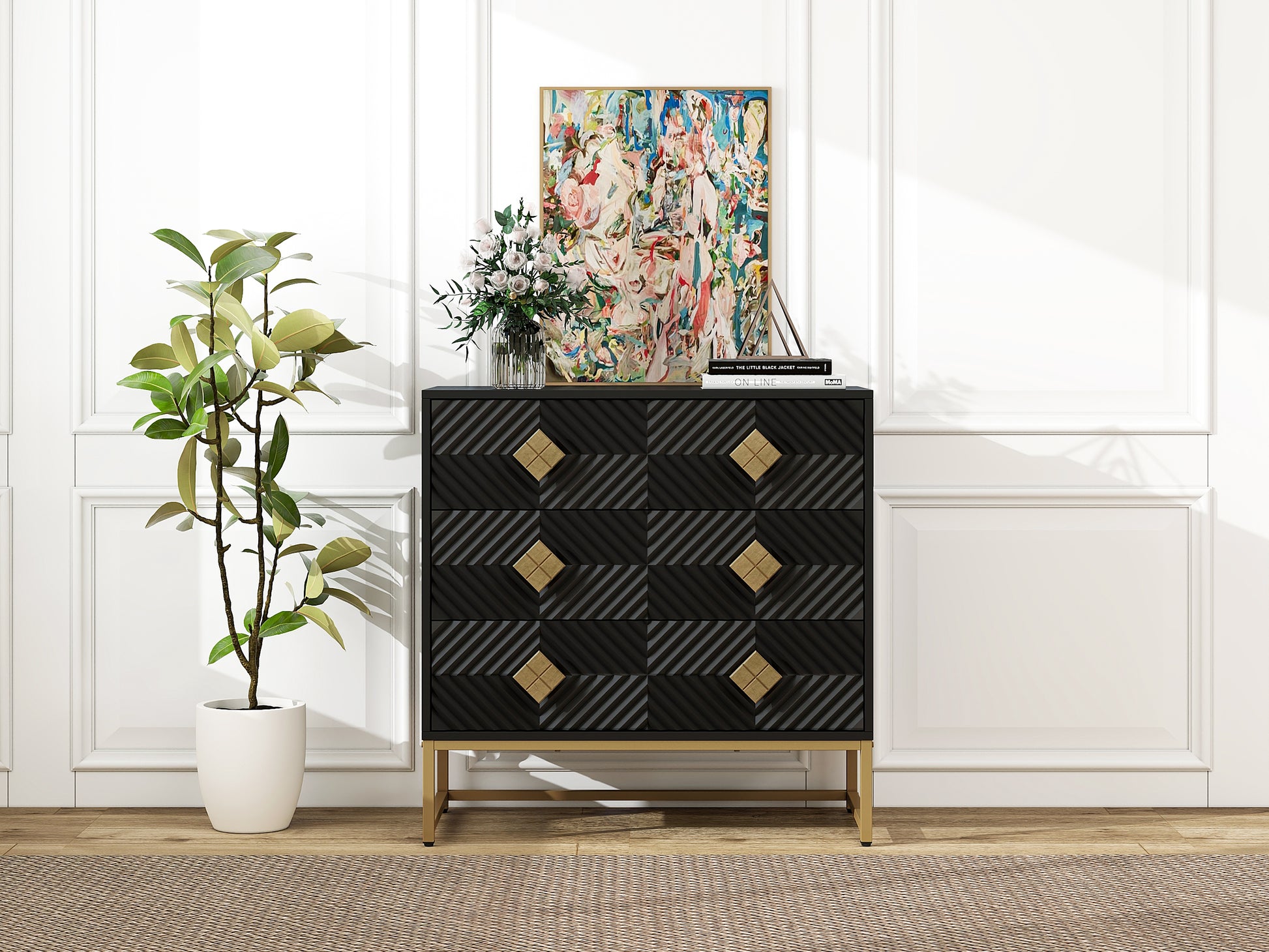 3 Drawer Storage Cabinet,3 Drawer Modern Dresser,Chest Of Drawers With Decorative Embossed Pattern Door For Entryway,Living Room,Bed Room Black Modern Particle Board Mdf