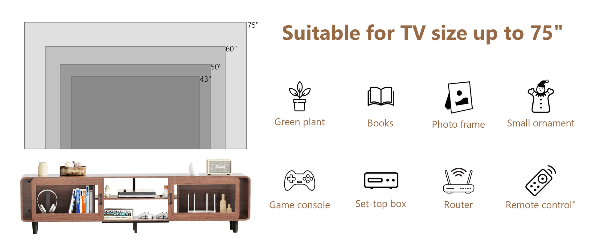 Mid Century Modern Tv Stand For 55 60 65 70 Inch Tv, Wood Entertainment Center With Power Outlets, Media Console With Sliding Doors And Open Shelf For Living Room, Walnut Walnut 60 69 Inches Wood