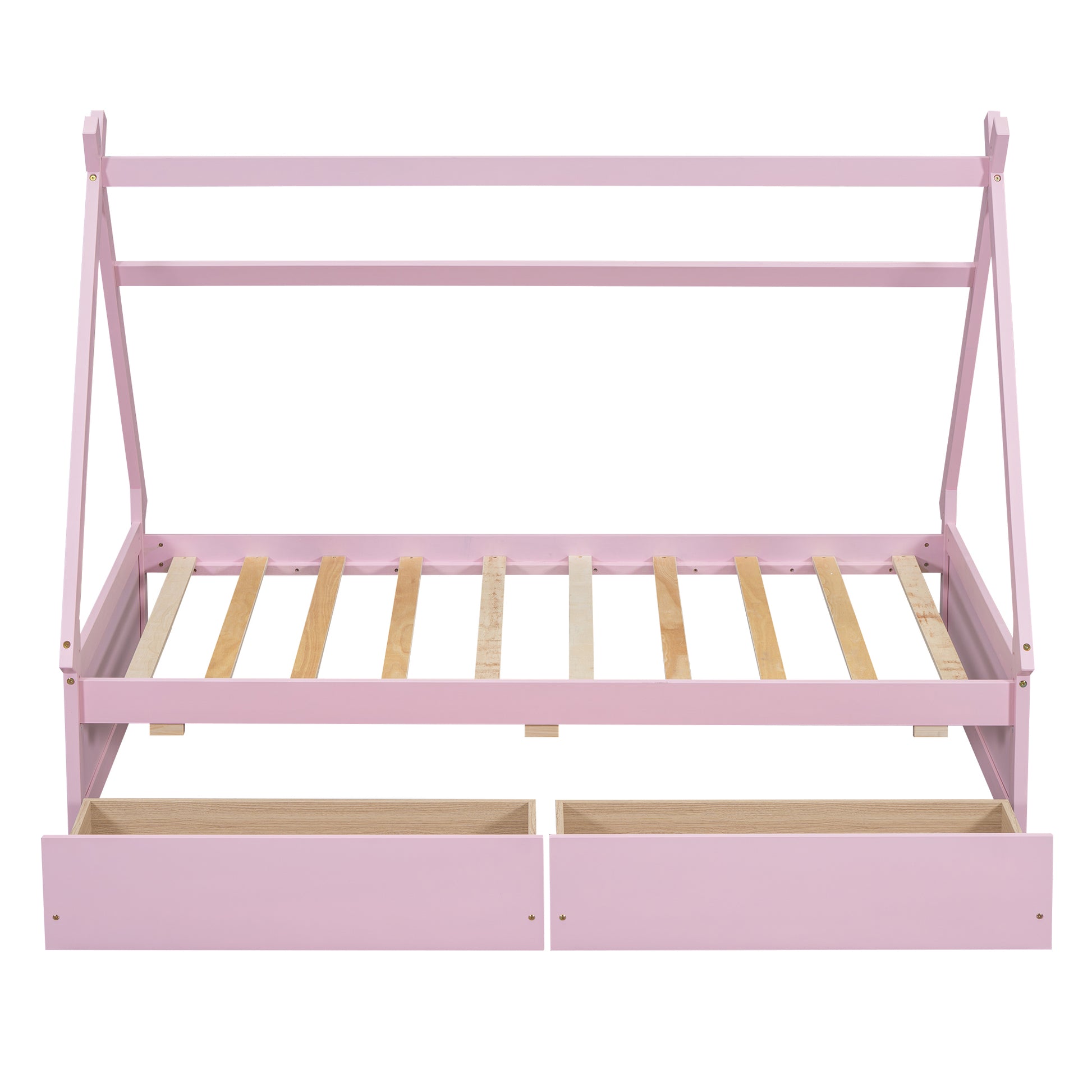 Twin Size House Platform Bed With Two Drawers,Headboard And Footboard, Pink Twin Pink Pine