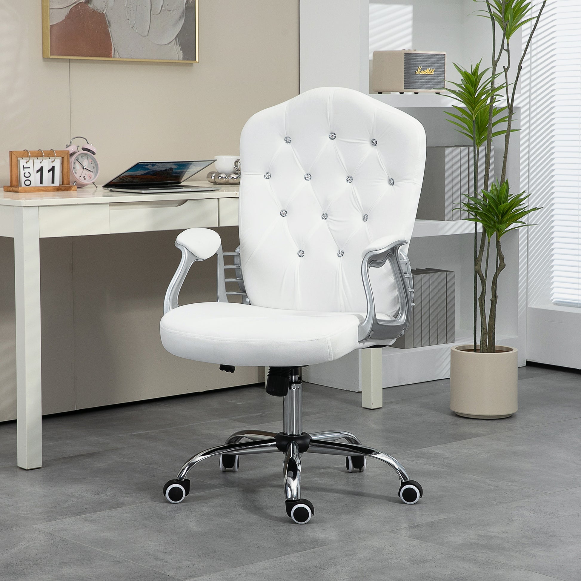 Vinsetto Home Office Chair, Velvet Computer Chair, Button Tufted Desk Chair With Swivel Wheels, Adjustable Height, And Tilt Function, White White Polyester