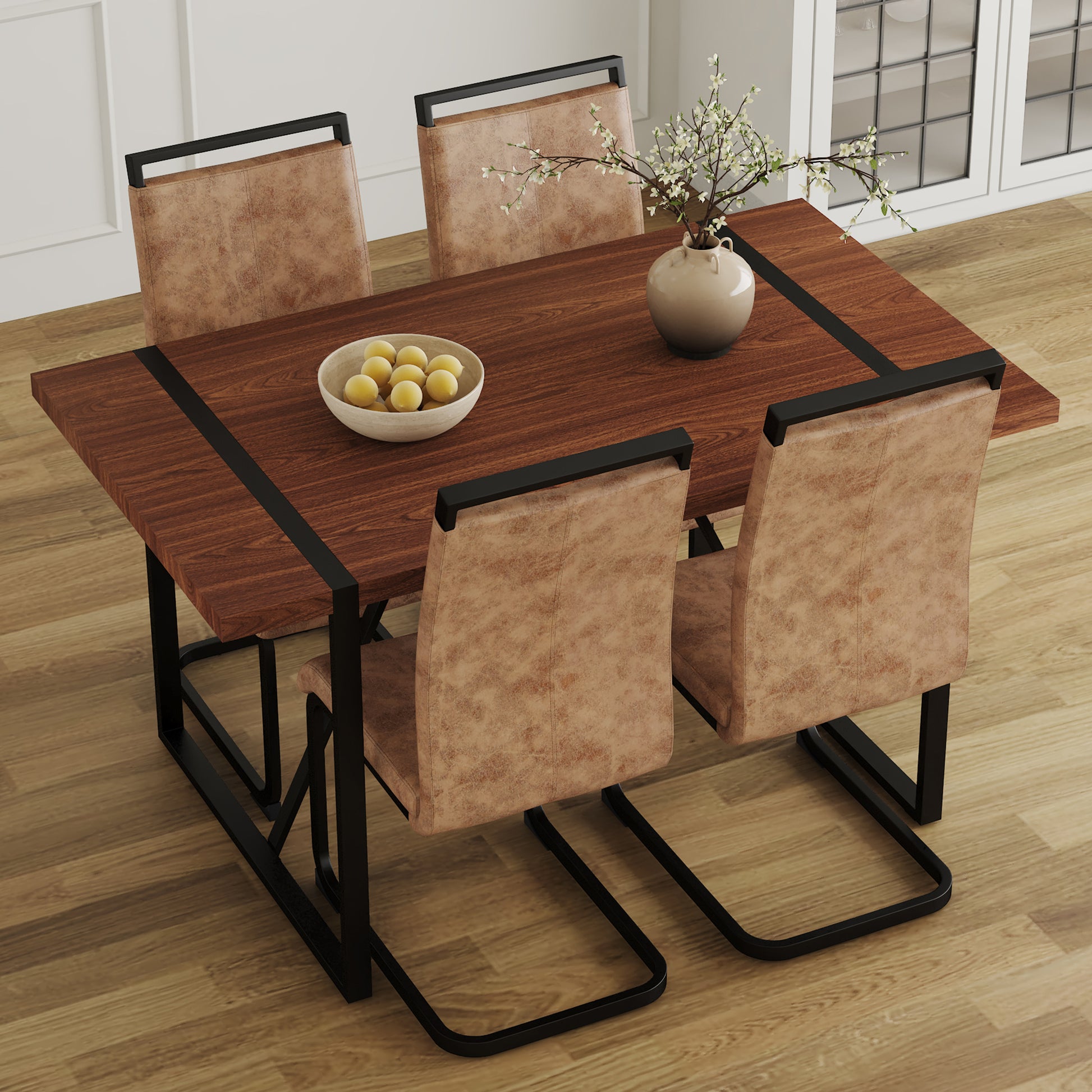 Table And Chair Set. A Minimalist Retro Rectangular Dining Table With A Specially Textured Top And Black Metal Legs, Paired With 4 Soft Chairs And Black Metal Legs, Showcases A Beautiful Home Style.