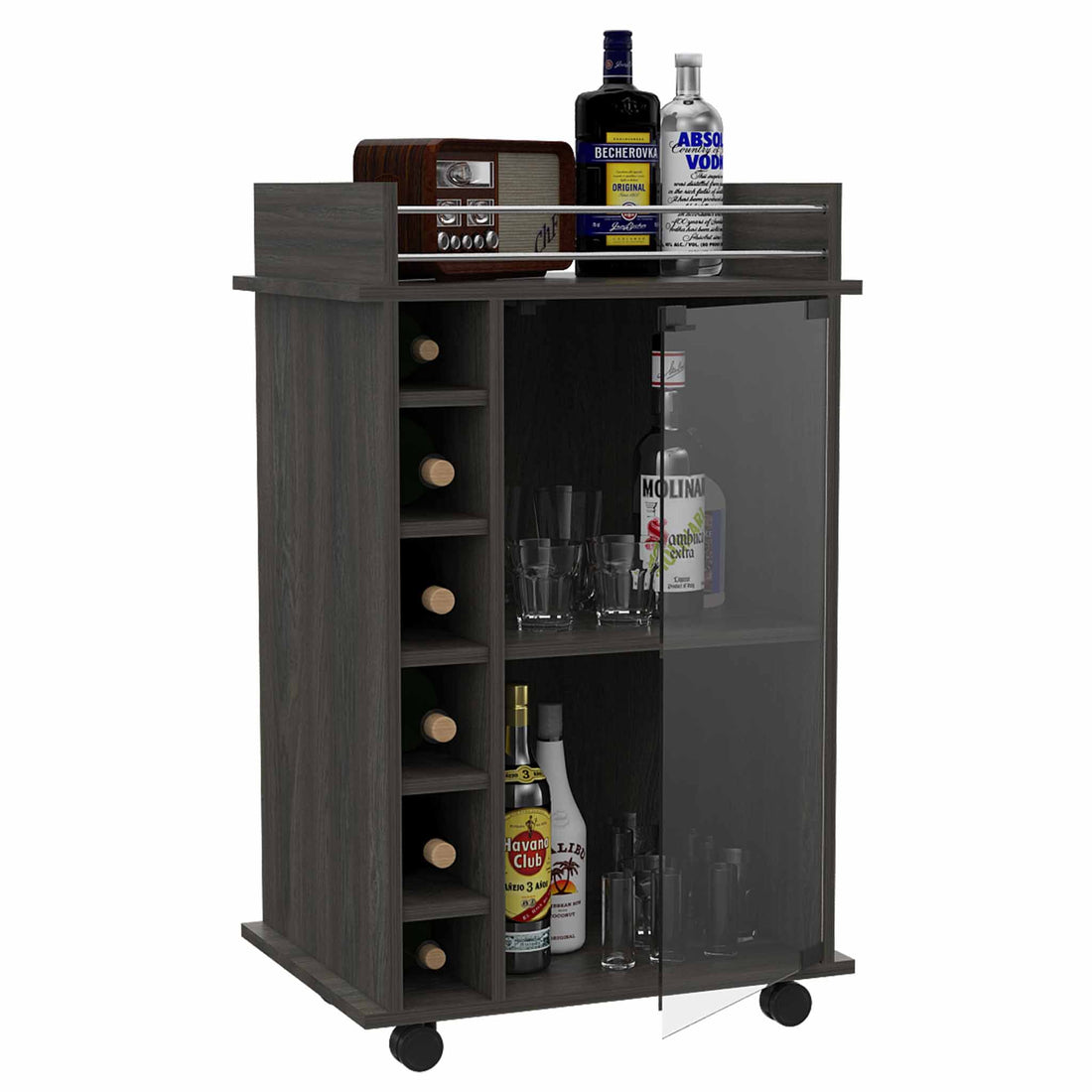 32" H Carbon Espresso Bar Coffee Cart, Kitchen Or Living Room Cabinet Storage With With 4 Wheels, With 6 Bottle Racks, A Central Shelf Covered By 1 Glass Door, 1 Support Surface With Aluminum Front.