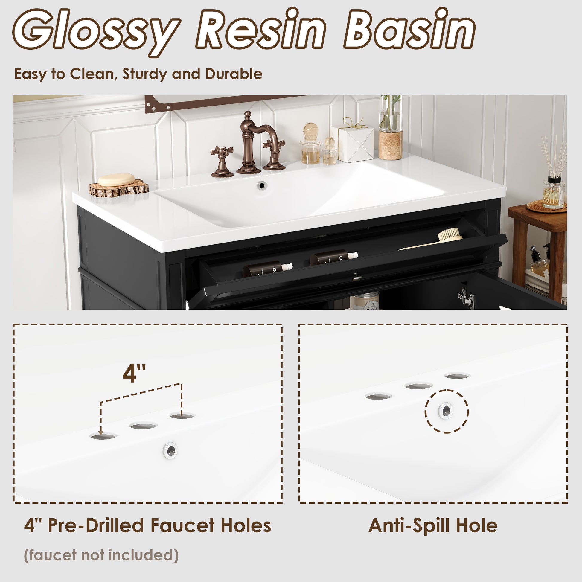 36'' Bathroom Vanity With Top Sink, Modern Bathroom Storage Cabinet With 2 Drawers And A Tip Out Drawer, Single Sink Bathroom Vanity Black Bathroom Solid Wood Mdf