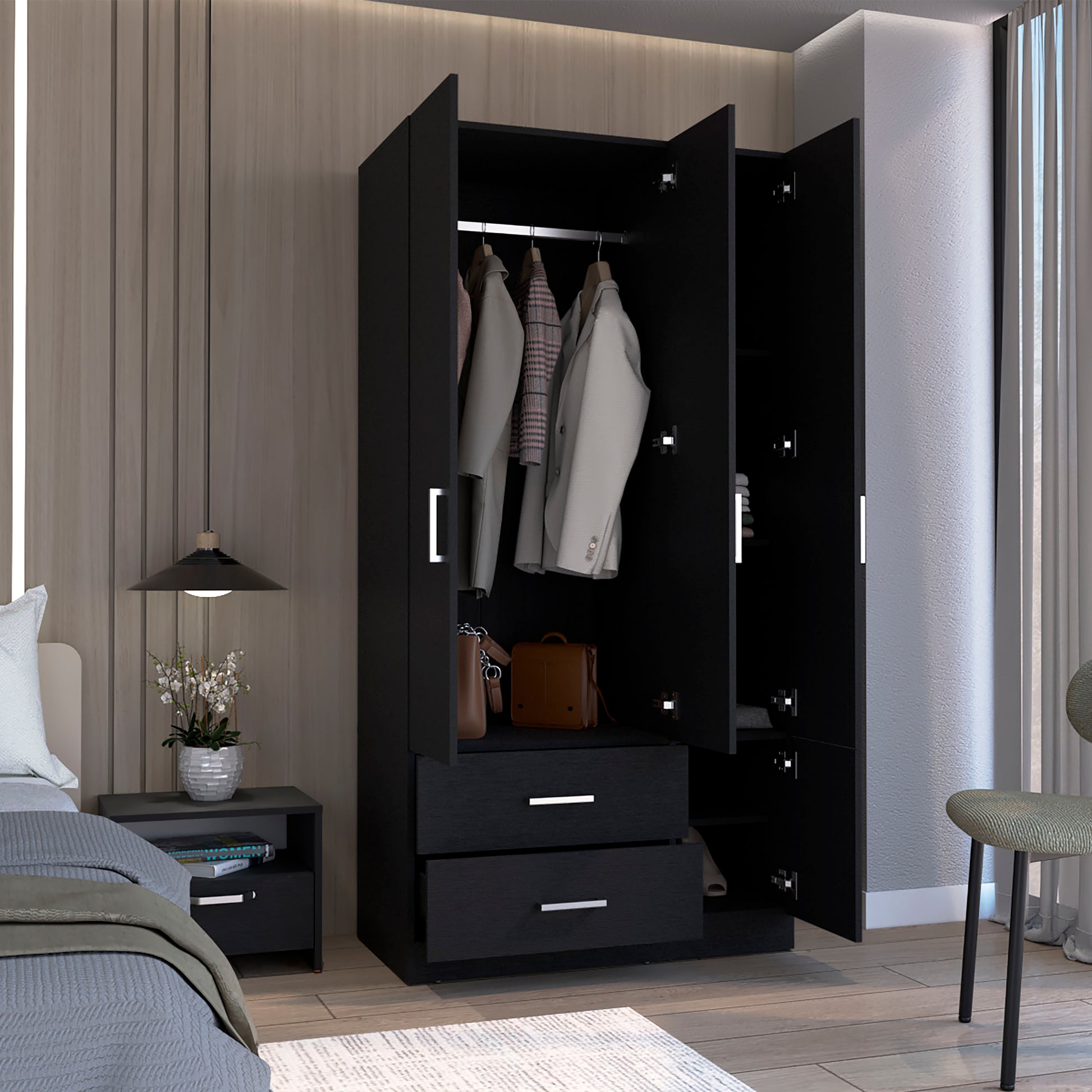 Sebree 71" High Armoire Wardrove Closet With 2 Drawers, Four Doorsthree Cabinetsix Shelves And Hanging Rod, Bedroom Clothes Storage Cabinet Organizer Black Bedroom Modern Particle Board