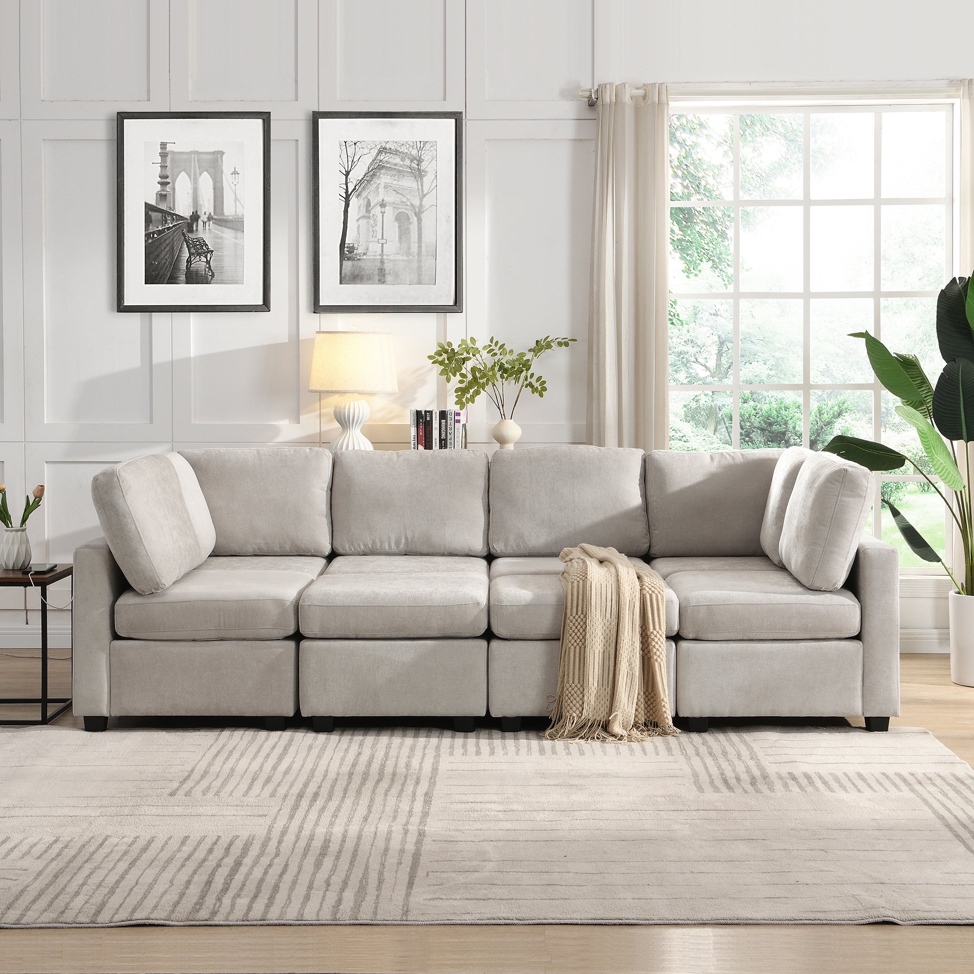 103" Sectional Sofa Couch Sofa Bed U Shaped Sofa With Two Movable Ottoman And Three Usb Ports For Living Room, Grey Grey Foam Chenille 6 Seat