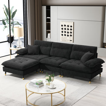 106*66.5" L Shaped Convertible Sectional Sofa,4 Seat Tufted Couch Set With Two Tone Adjust Legs,Cloud Chenille Fabric,Movable Ottoman For Living Room, Apartment,Office,3 Colors Black Chenille 4 Seat