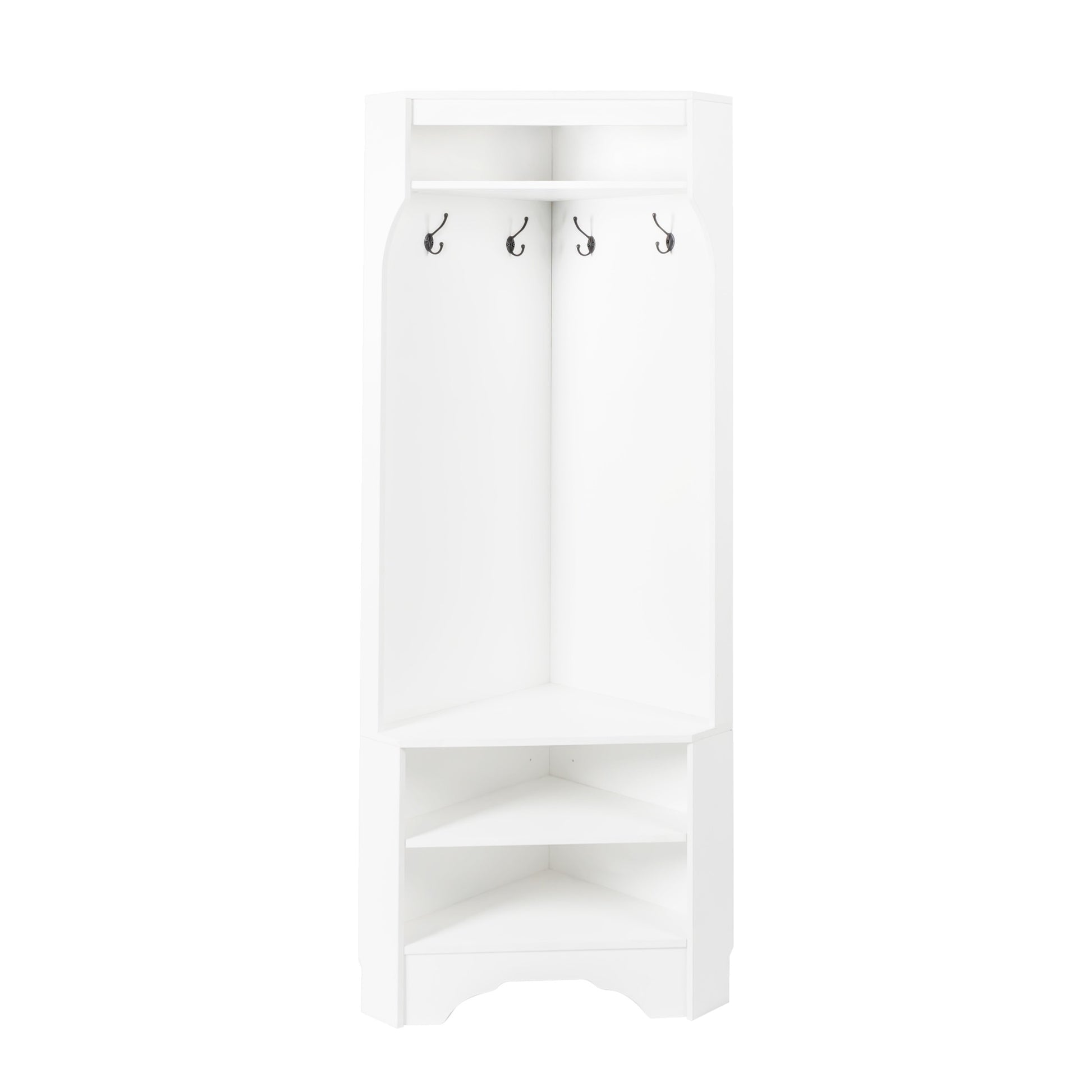 Minimalist Corner Hall Tree With Shoe Bench, Versatile Entryway Coat Rack With 4 Hooks, Corner Cabinet With Adjustable Shelf For Hallway, Living Room, White, 29.5''W*71.6''H White Particle Board