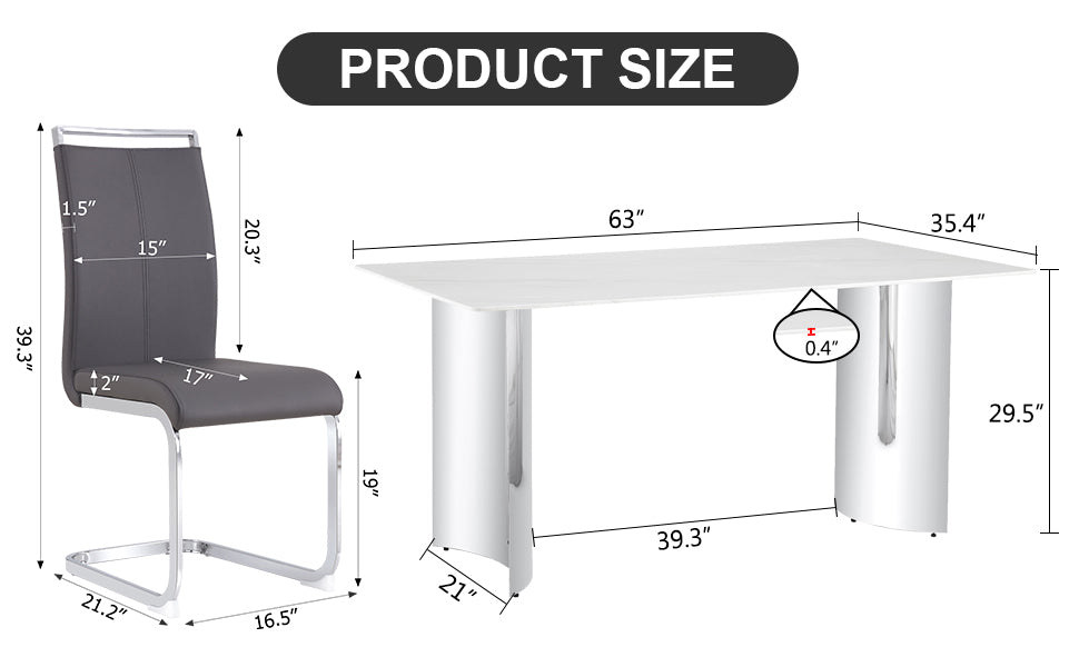Modern Minimalist Dining Table. Imitation Marble Glass Sticker Desktop, Stainless Steel Legs, Stable And Beautiful. 4 Premium Pu Seats. 63 Inches * 35.4 Inches * 29.5 Inches Dt 69 C 1162 Silver Glass