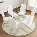 Table And Chair Set.A Modern Minimalist Round Dining Table With Transparent Tempered Glass Top And Silver Metal Legs,And 6 Chairs With Pu Backrest And Seat Cushion And Silver C Tube Metal Legs. Transparent,White Seats 6 Glass Metal