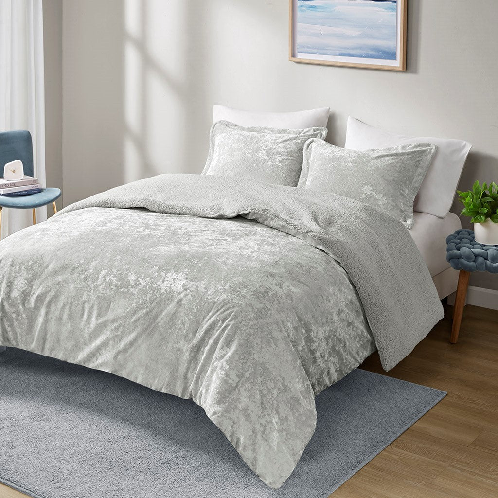 Crushed Velvet Sherpa Reversible Comforter Set Twin Grey Polyester