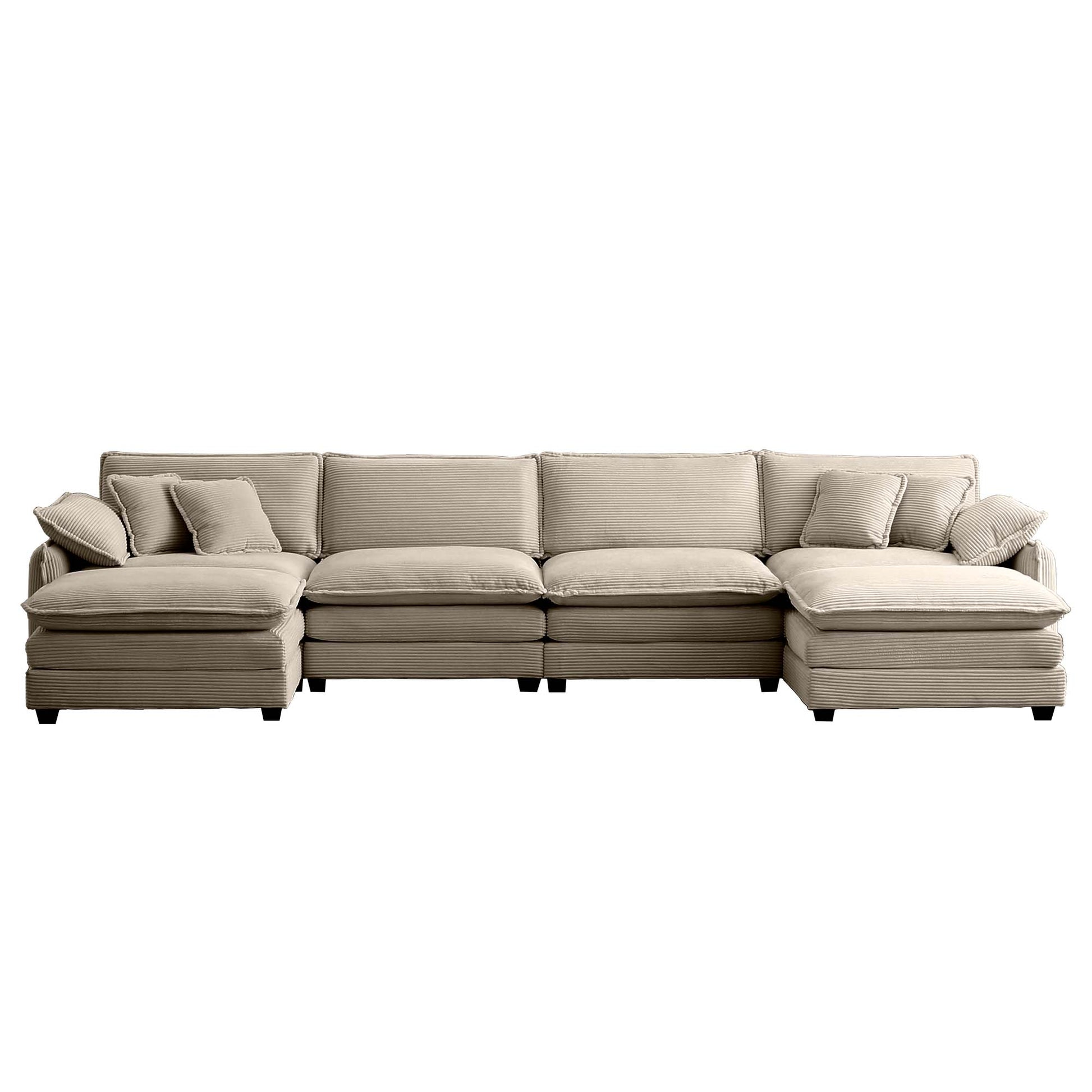 Over Size U Shape Corduroy Sofamodern Upholstered 4 Seater Sofa With 2 Ottomans, Premium Soft Corduroy Fabric Sofa Camel Corduroy 4 Seat