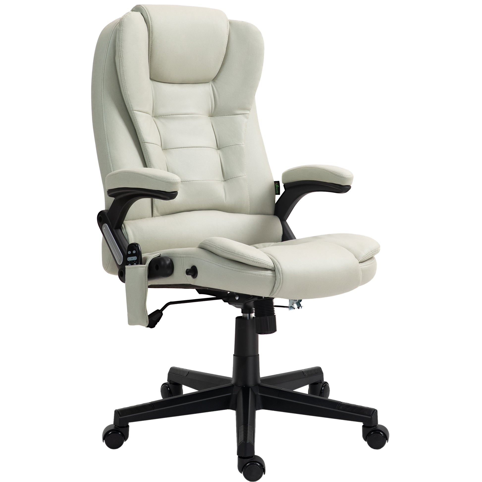 Homcom 6 Point Vibrating Massage Office Chair With Heat, Microfiber High Back Executive Office Chair With Reclining Backrest, Padded Armrests And Remote, Beige Beige Polyester