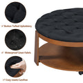 Modern Large Round Ottoman Coffee Table 2 Tier Oversized Button Tufted Ottoman With Wood Shelf Storage Upholstered Coffee Table For Living Room Footrest Ottoman With Wheel, Waterproof Linen Black Brown Rubber Wood