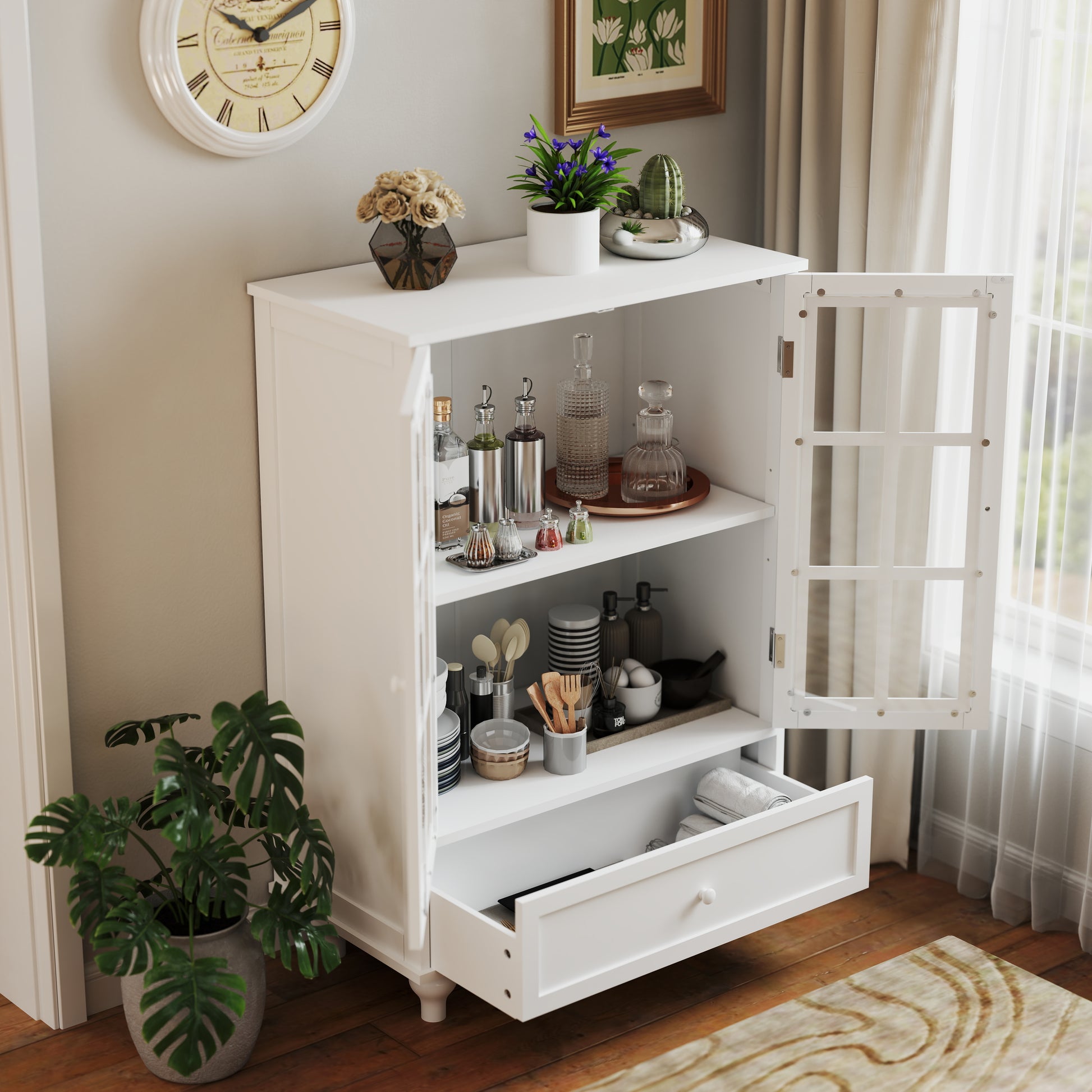 Minimalist White Buffet Cabinet With Double Glass Doors And Drawer, Modern Wooden Storage Sideboard Cupboard For Living Room, Dining Room Hallway Entryway Freestanding White Primary Living Space