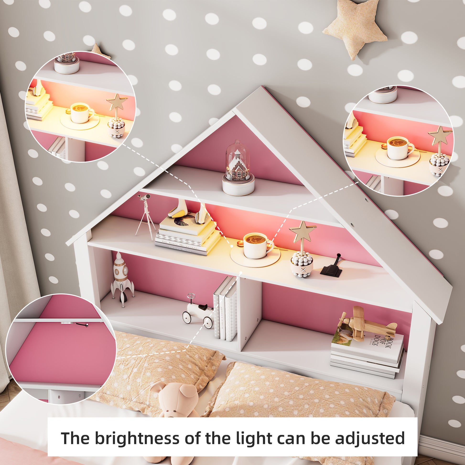 Full Size House Shaped Bed With Bookcase Headboard And Led Light And Twin Size Trundle For Kids Boys Girls, Pink White Box Spring Not Required Full White Pink Wood Bedroom Cute Bed Frame Wood