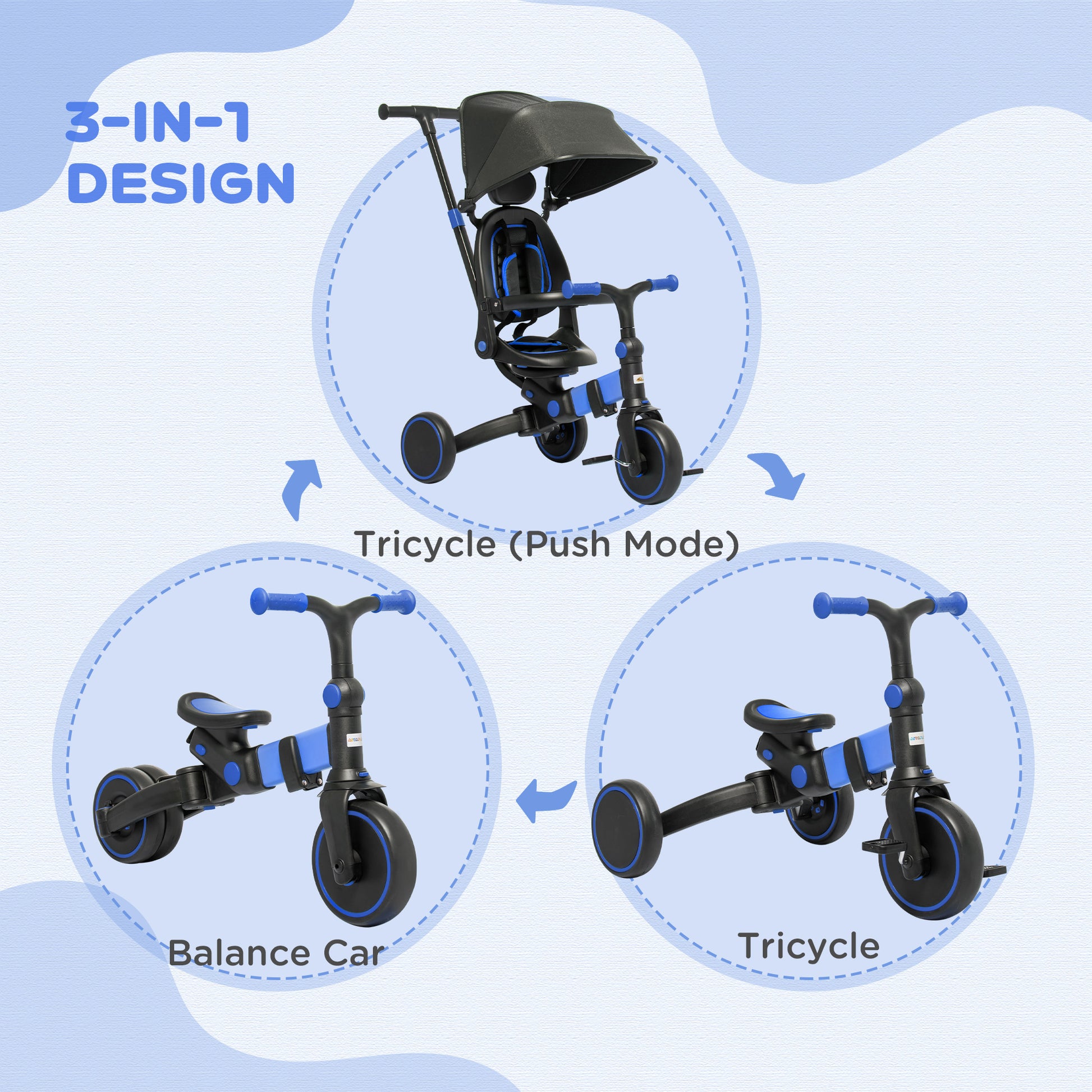 Qaba 3 In 1 Toddler Trike, Push Tricycle, & Balance Bike With Adjustable Settings, Toddler Push Bike, Baby Bike With Shady Canopy, Ages 1.5 4, Blue Blue Aluminium Alloy