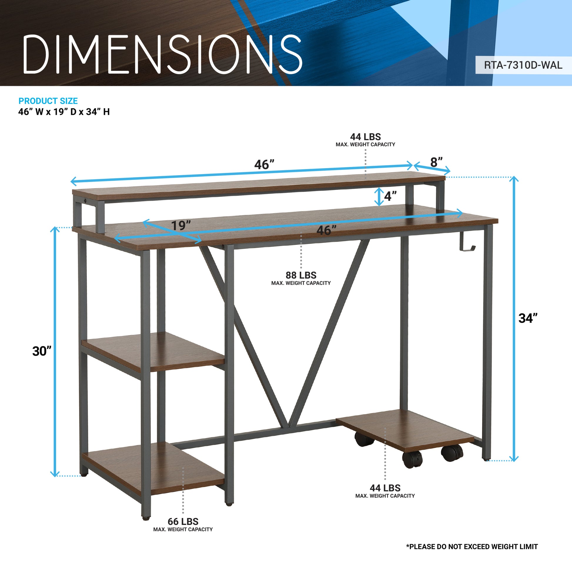 Techni Mobili Industrial Writing Desk, Walnut Walnut Computer Desk Office Modern Rectangular Rectangular Engineered Wood