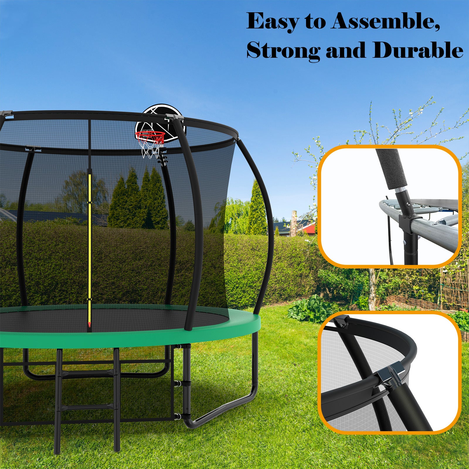 10Ft Pumpkin Trampoline, Outdoor Trampoline With Basketball Hoop, Enclosure Net And Ladder Green Steel