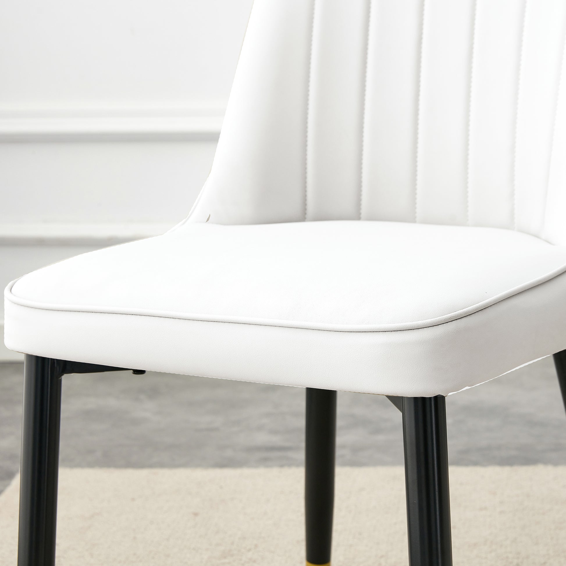 Table And Chair Set.Modern Minimalist Dining Table. White Imitation Marble Pattern Sintered Stone Desktop With Golden Metal Legs.Paried With 6 Comfortable Chairs With Pu Seats And Black Metal Legs.