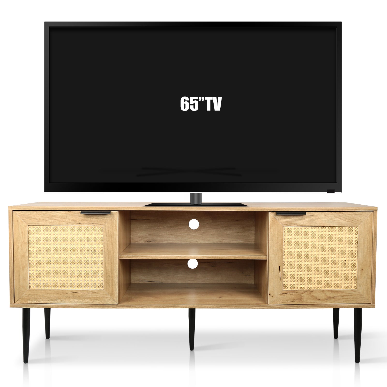 Wooden Tv Stand For Tvs Up To 65 Inches,With 2 Rattan Decorated Doors And 2 Open Shelves,Living Room Tv Console Table Wooden Entertainment Unit, Natural Color Natural Particle Board