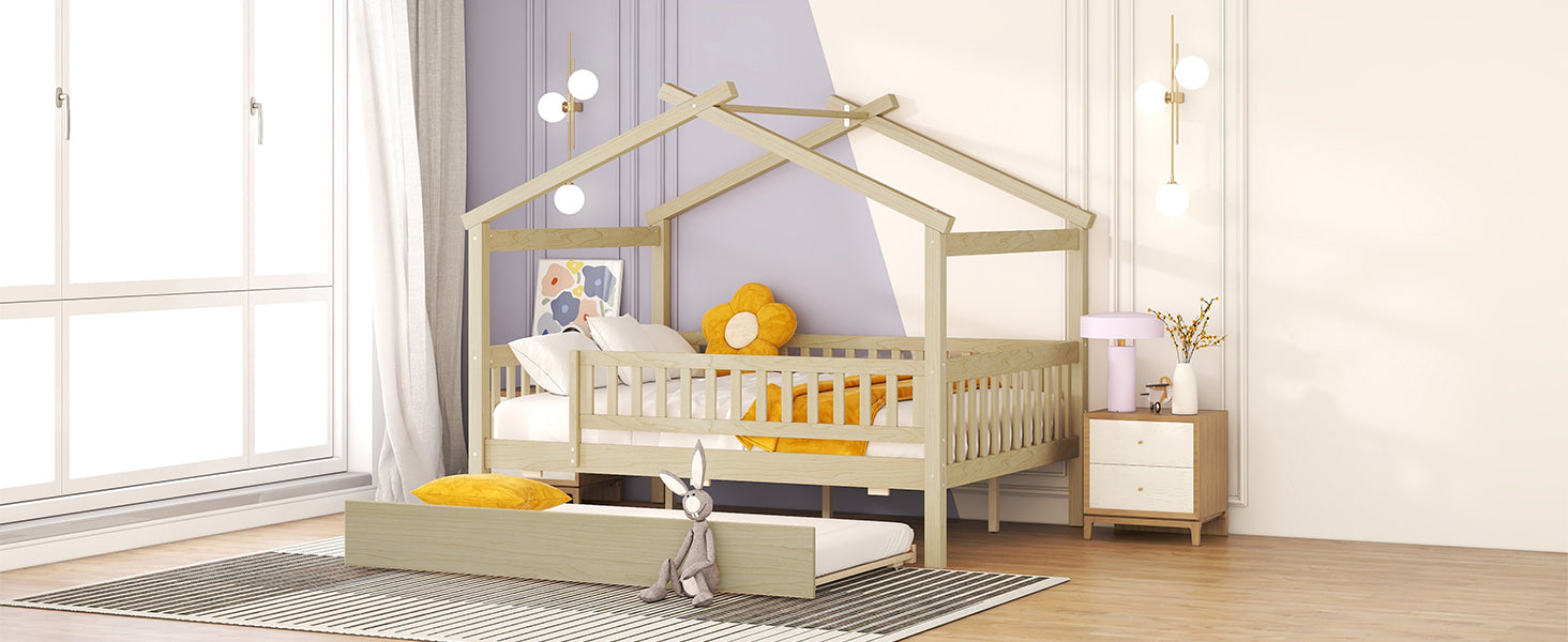 Full Size Wooden House Bed With Twin Size Trundle, Natural Full Natural Solid Wood Mdf