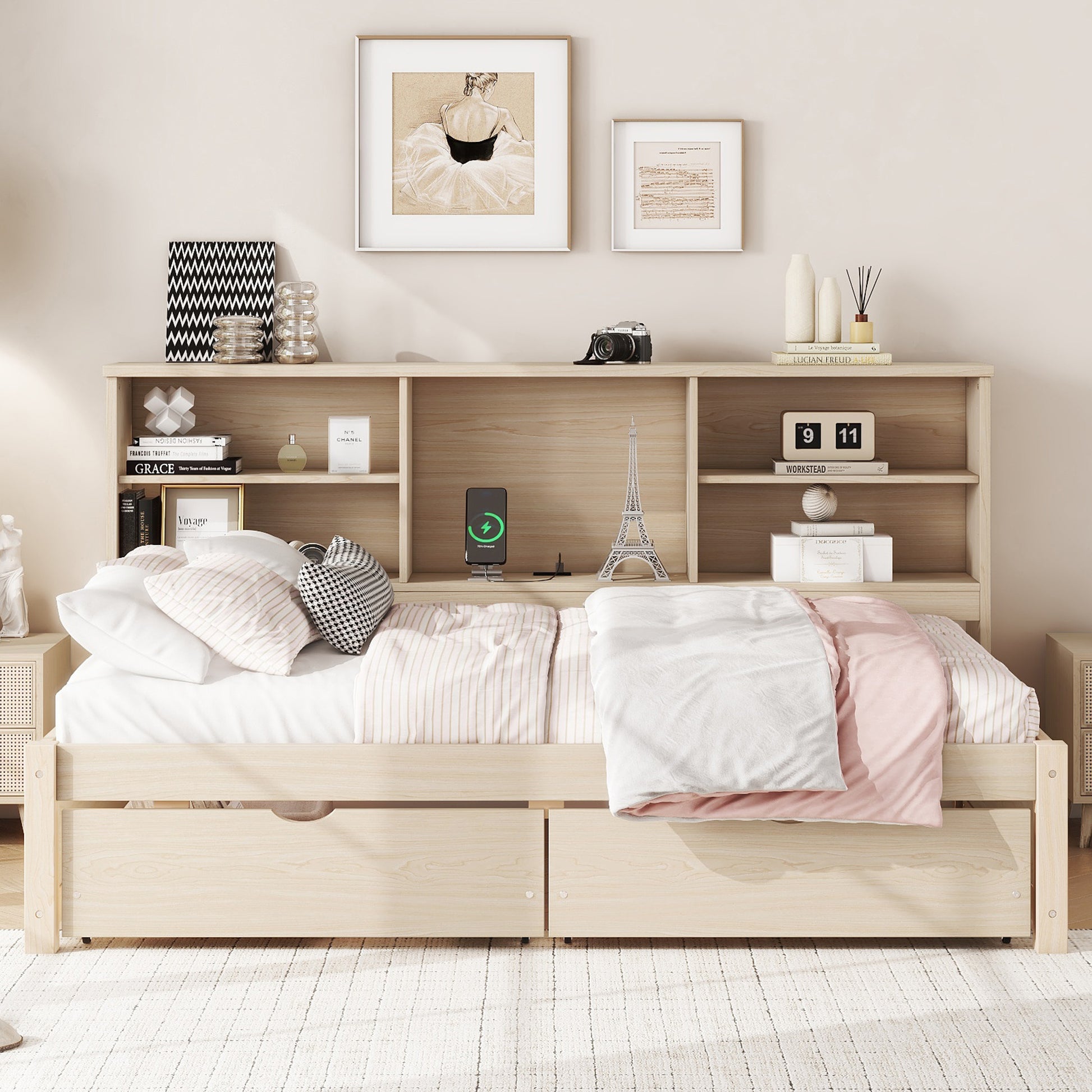 Twin Size Bed Frame With Side Bookshelves, Two Drawers, And Built In Usb Port For Natural Color Box Spring Not Required Twin Natural Bedroom Bookcase Particle Board,Plywood,Rubber Wood