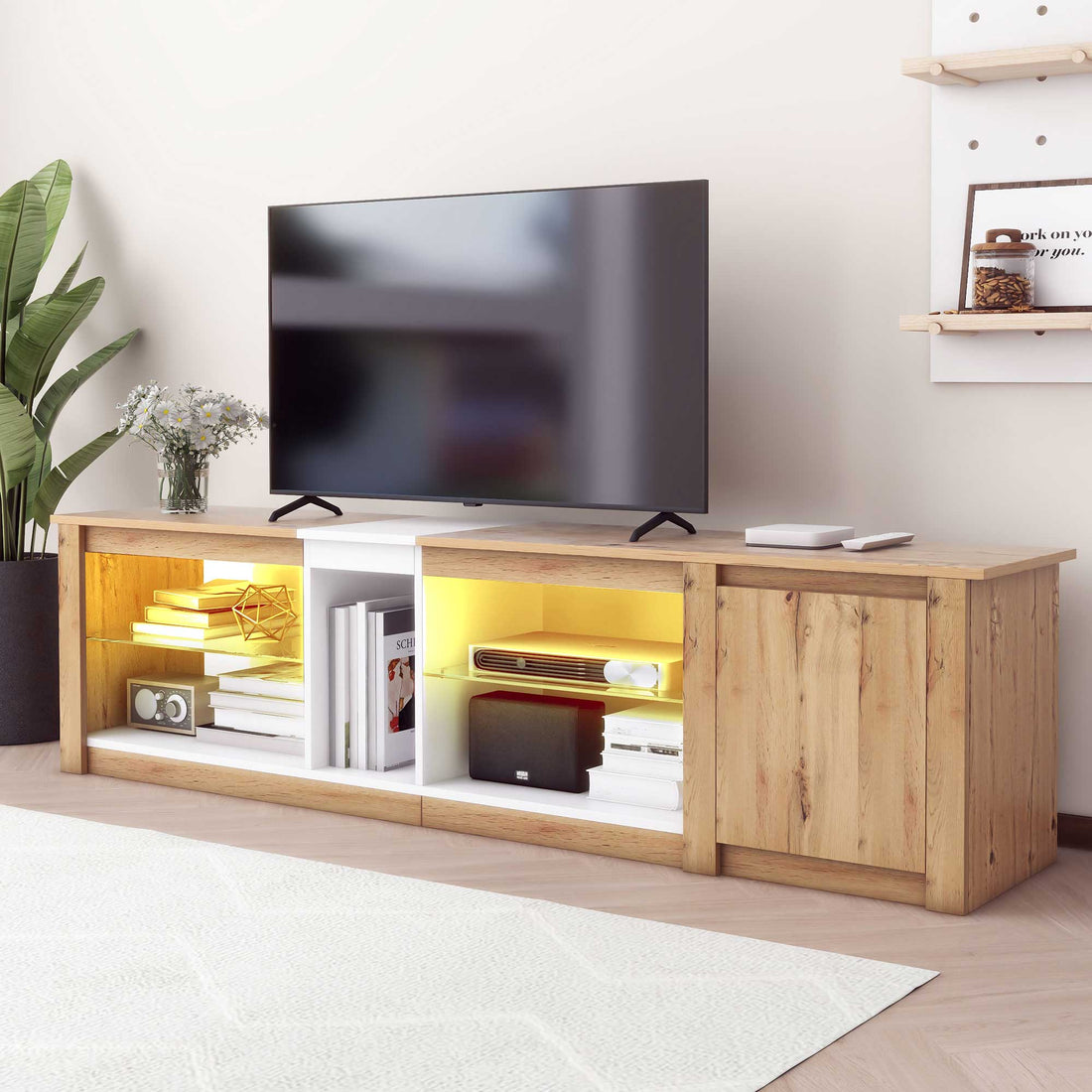 Moderntv Stand For Tvs Up To 80''Media Console With Multi Functional Storage, Entertainment Center With Led Light, Tv Cabinet For Living Room,Bedroom White Natural 70 79 Inches 70 79 Inches 70 Inches Particle Board