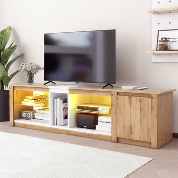 Moderntv Stand For Tvs Up To 80''Media Console With Multi Functional Storage, Entertainment Center With Led Light, Tv Cabinet For Living Room,Bedroom White Natural 70 79 Inches 70 79 Inches 70 Inches Particle Board