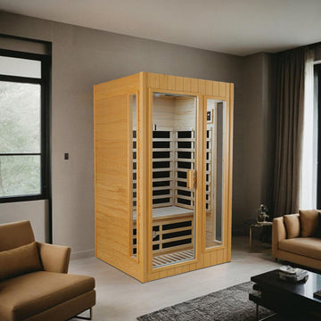 Hemlock Two Person Far Infrared Roof Embedded Indoor Sauna Room Natural Wood Metal & Wood