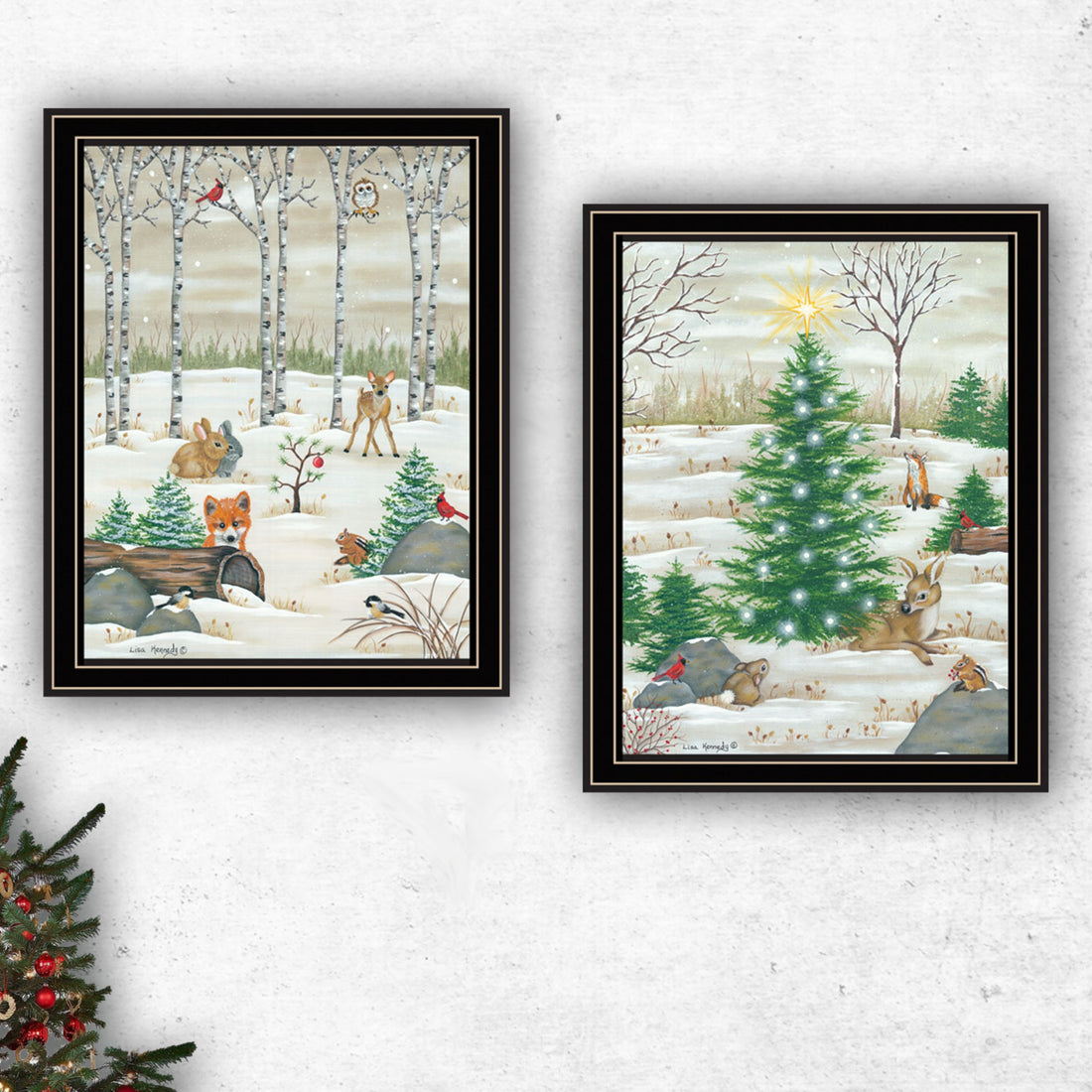 2 Piece Vignette Woodland "Critters For Christmas" Black Framed Wall Art For Living Room, Bedroom Wall Art Print For Home Decor By Lisa Kennedy Multi Wood Paper
