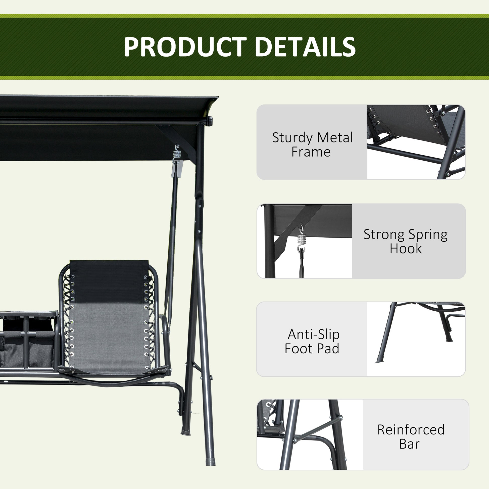 Outsunny 2 Seat Patio Swing Chair, Outdoor Canopy Swing Glider With Pivot Storage Table, Cup Holder, Adjustable Shade, Bungie Seat Suspension And Weather Resistant Steel Frame, Black Black Rubber