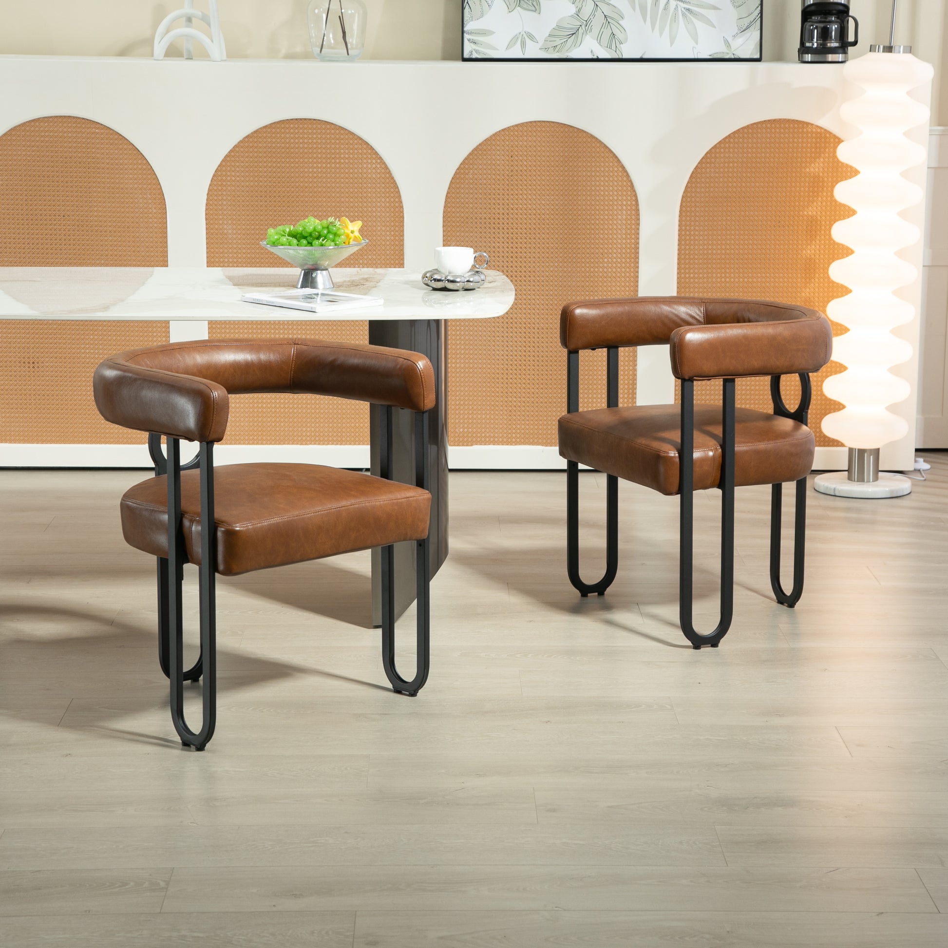Coolmore Contemporary Designed Pu Fabric Upholstered Accent Dining Chair Barrel Side Chairs Kitchen Armchair For Living Room Set Of 2 Light Brown Pu Light Brown Foam Pu Leather