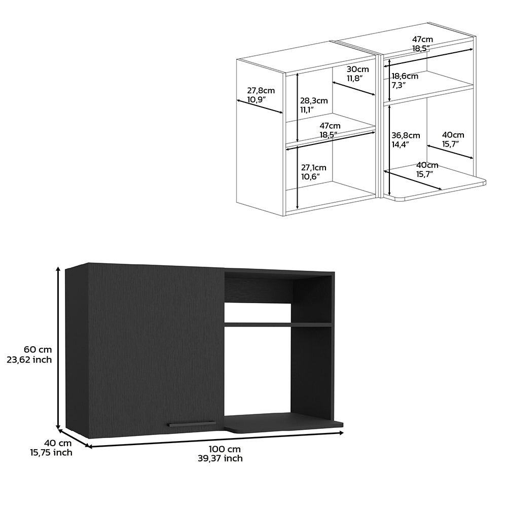 Stackable Wall Storage Cabinet 24" H, Two Internal Shelves, Two External Storage Shelves, One Door, Black Black Particle Board Particle Board