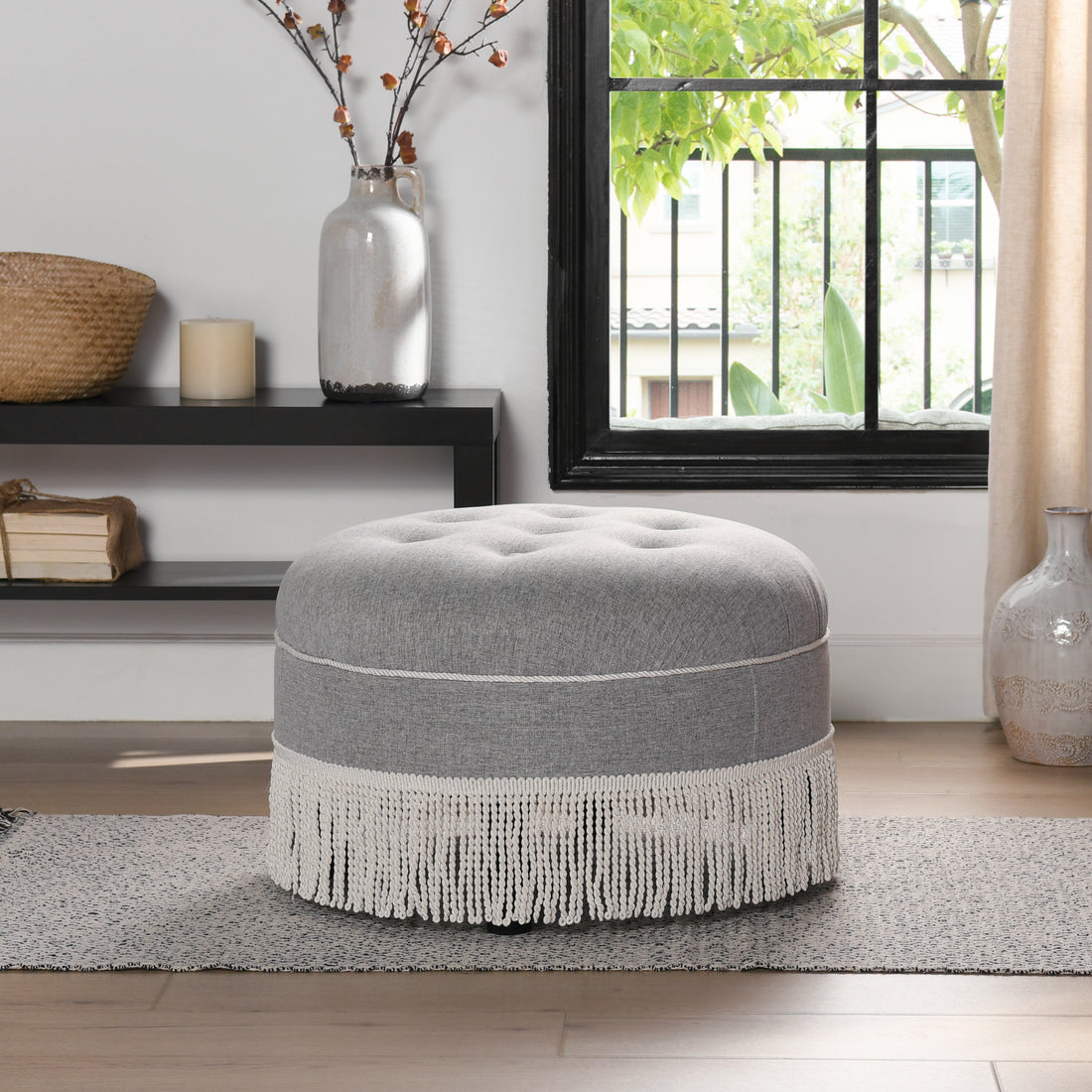 Yolanda 24" Round Upholstered Accent Ottoman, Light Gray Polyester With Ivory Trim Gray Foam Polyester