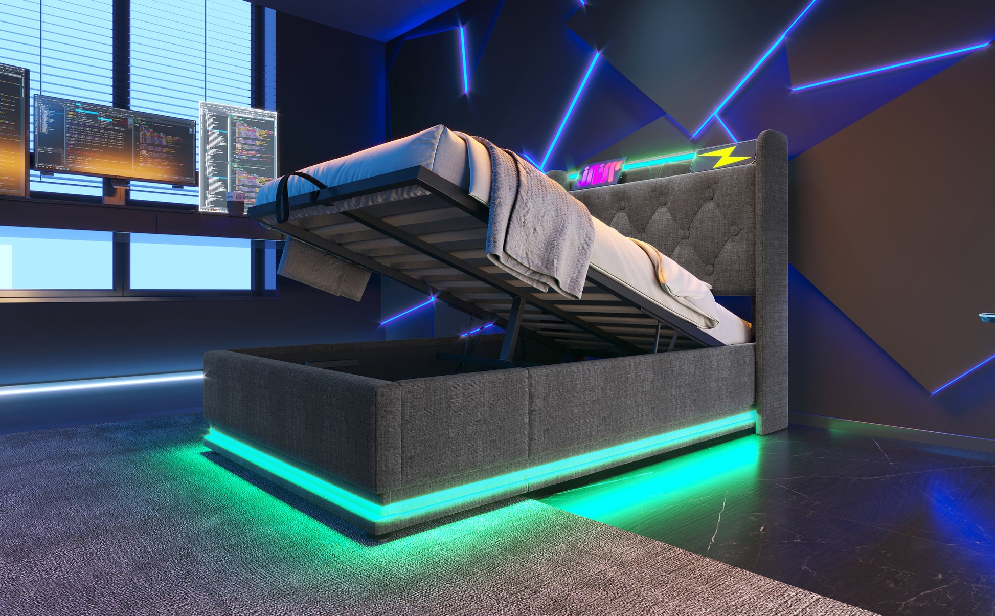 Twin Size Upholstered Bed, 360 Surround Led Function, Buttons Apps Remote Control, Hydraulic Storage Bed With Usb Type C Charging, Gray,Linen Without Mattress Twin Gray Linen