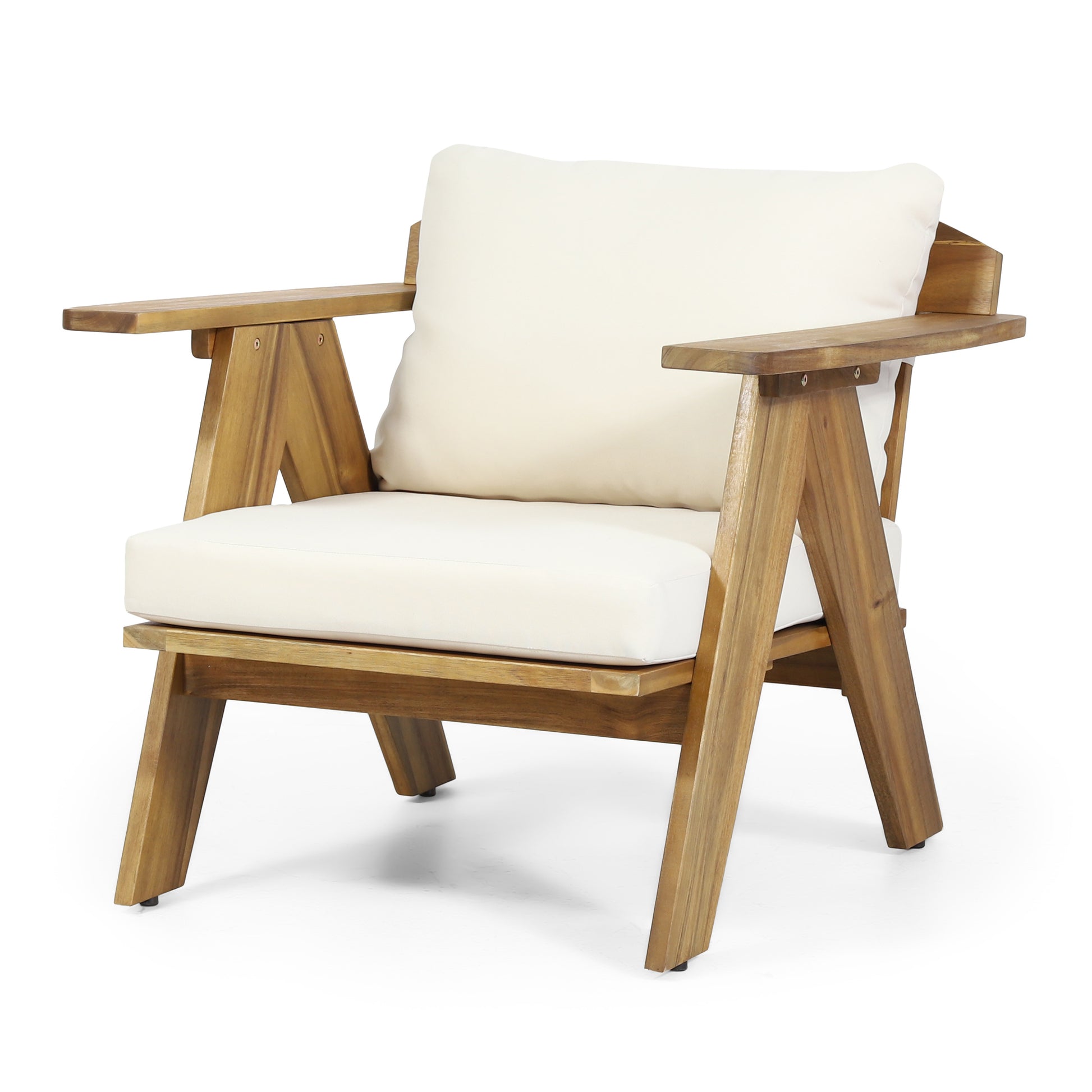 Outdoor Acacia Wood Club Chairs With Cushions Set Of 2 , Teak Finish Beige, 30.75" W X 30.25" D X 26.00" H Beige Acacia Wood