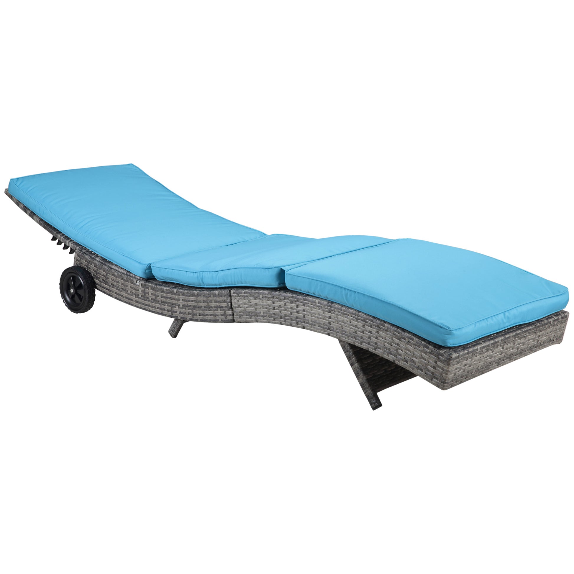 Outsunny Wicker Chaise Lounge Pool Chair, Outdoor Pe Rattan Cushioned Patio Sun Lounger W 5 Level Adjustable Backrest & Wheels For Easy Movement, Sky Blue Blue Rattan