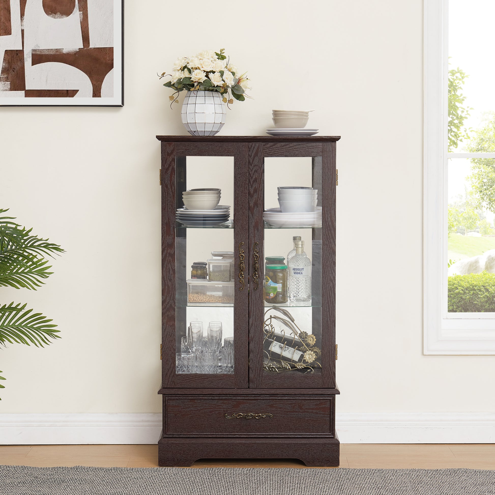 Glass Cabinet Lighted Glass Cabinet Curio Display Cabinet With Adjustable Glass Shelves 2 Doors And 1 Drawer Cabinet Bulb Included Cherry Cherry Mdf Glass